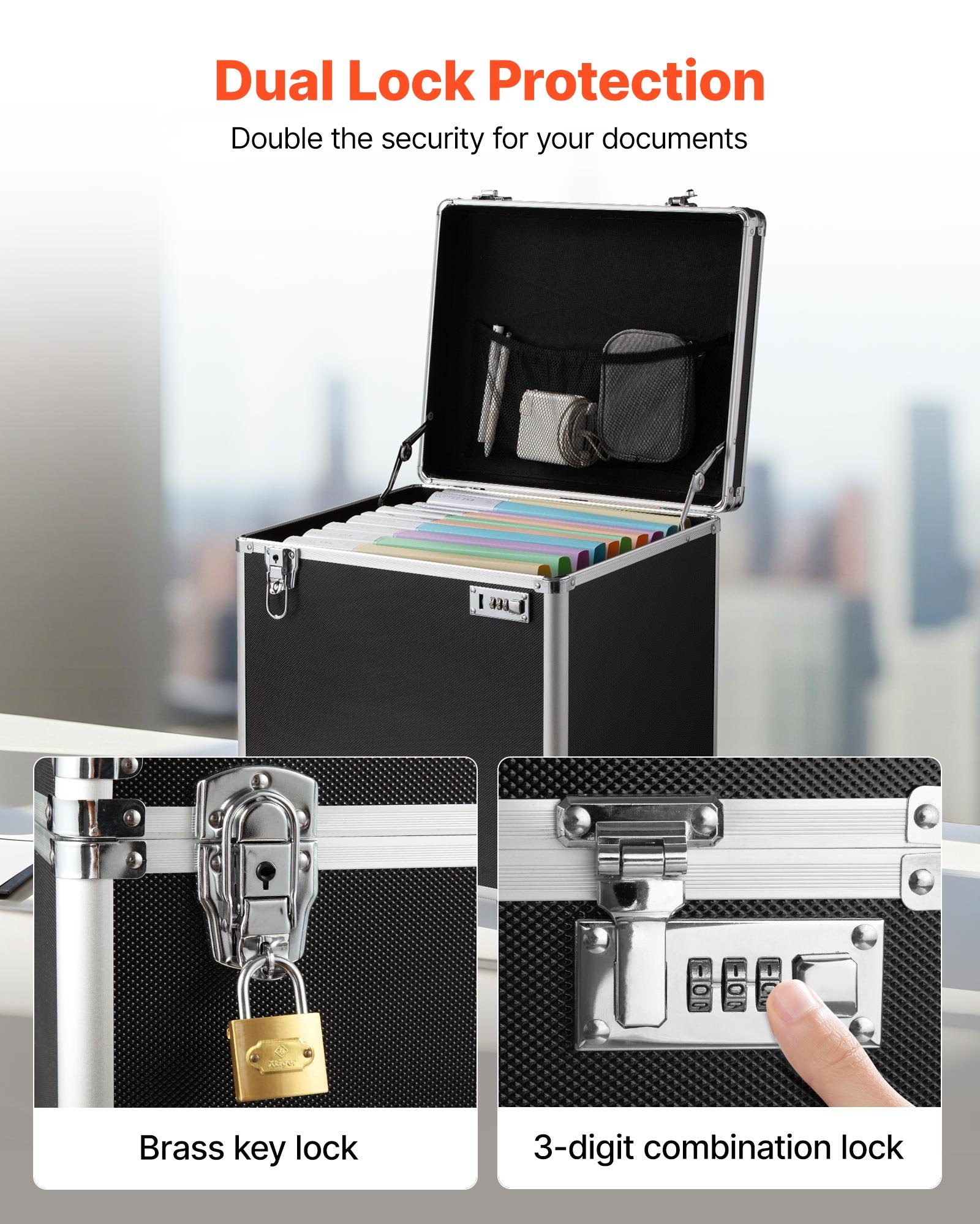 VEVOR Caja Organizadora de Archivos con Ruedas, Tamaño Interno 396,2 x 320 x 381 mm, Estuche Portátil para Documentos con Cerradura y Asa Telescópica, para Oficina, Viajes de Negocios, Negro