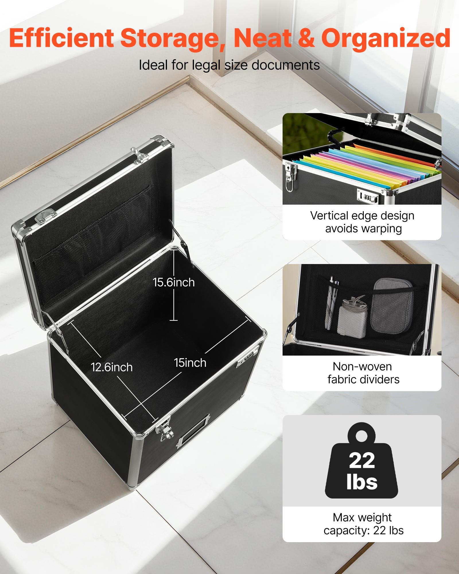 VEVOR Caja Organizadora de Archivos con Ruedas, Tamaño Interno 396,2 x 320 x 381 mm, Estuche Portátil para Documentos con Cerradura y Asa Telescópica, para Oficina, Viajes de Negocios, Negro