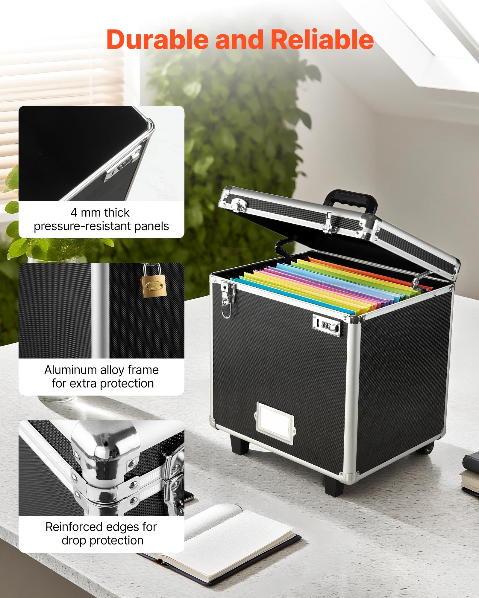 VEVOR Caja Organizadora de Archivos con Ruedas, Tamaño Interno 396,2 x 320 x 381 mm, Estuche Portátil para Documentos con Cerradura y Asa Telescópica, para Oficina, Viajes de Negocios, Negro