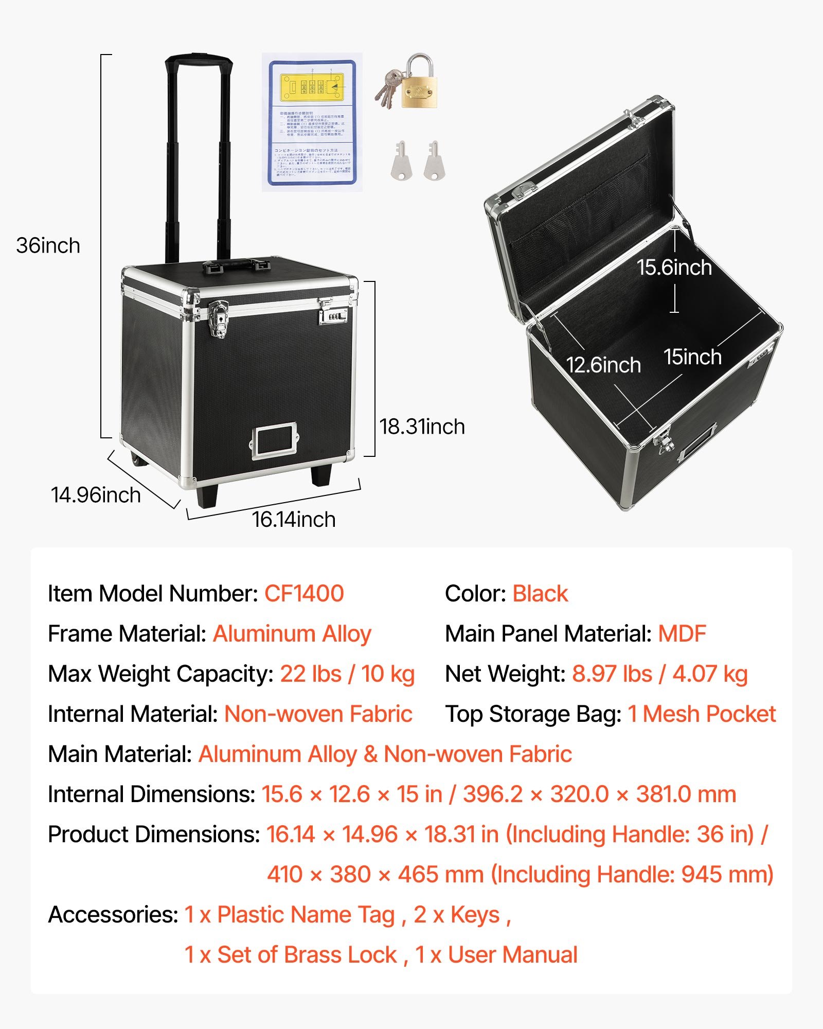 VEVOR Caja Organizadora de Archivos con Ruedas, Tamaño Interno 396,2 x 320 x 381 mm, Estuche Portátil para Documentos con Cerradura y Asa Telescópica, para Oficina, Viajes de Negocios, Negro