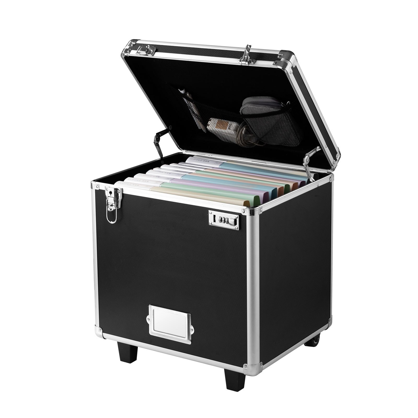 VEVOR Caja Organizadora de Archivos con Ruedas, Tamaño Interno 396,2 x 320 x 381 mm, Estuche Portátil para Documentos con Cerradura y Asa Telescópica, para Oficina, Viajes de Negocios, Negro