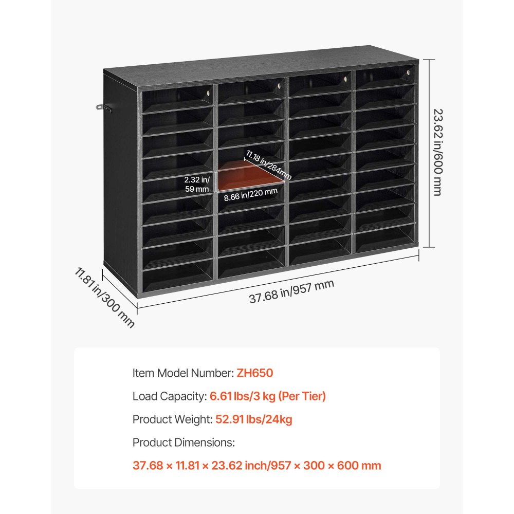 VEVOR Estante de Almacenamiento de Documentos 36 Compartimentos, Organizador de Archivos de Madera 95,7 x 30 x 60 cm, Clasificador de Literatura con Estantes Desmontables para Oficina, Aulas, Negro