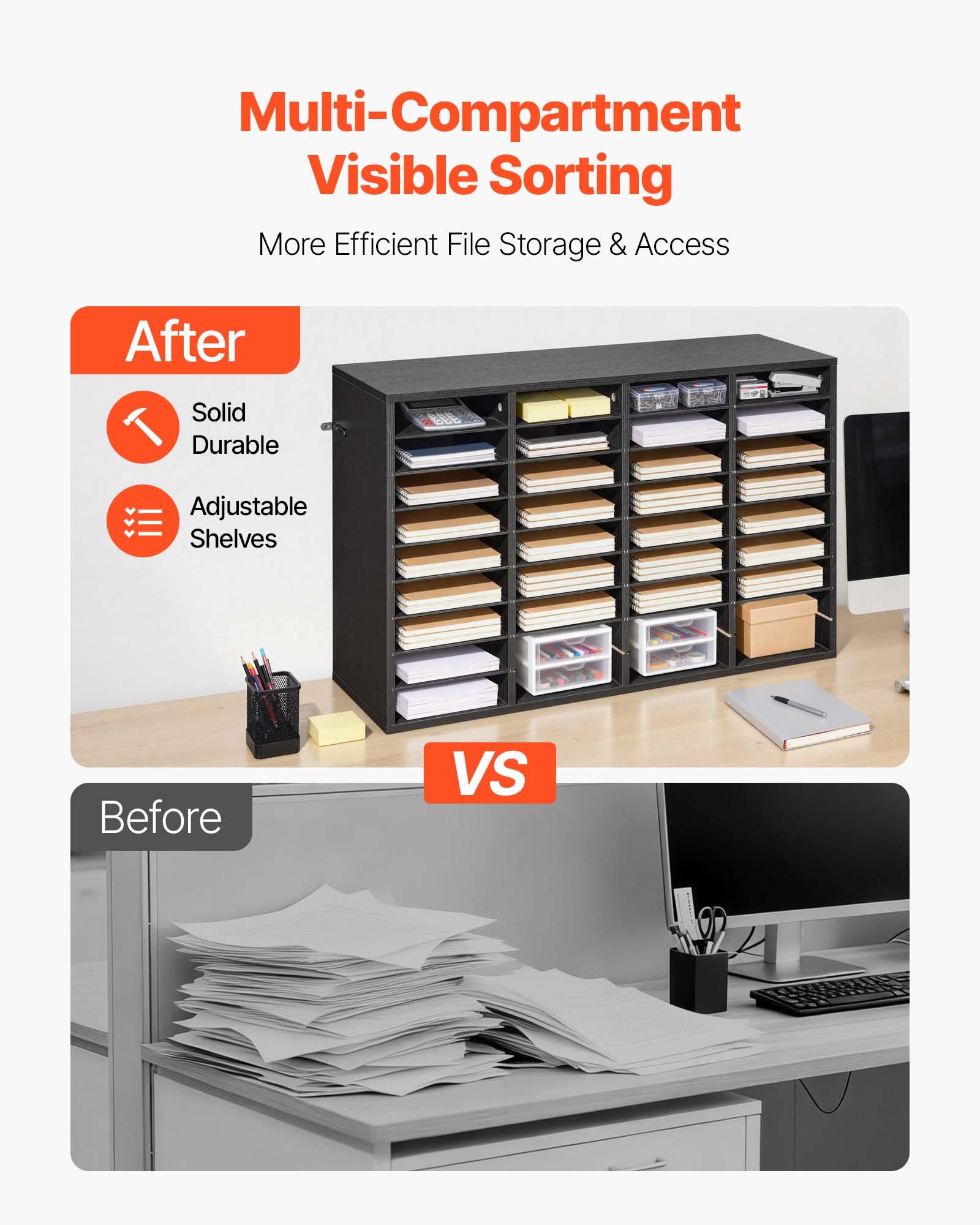 VEVOR Estante de Almacenamiento de Documentos 36 Compartimentos, Organizador de Archivos de Madera 95,7 x 30 x 60 cm, Clasificador de Literatura con Estantes Desmontables para Oficina, Aulas, Negro