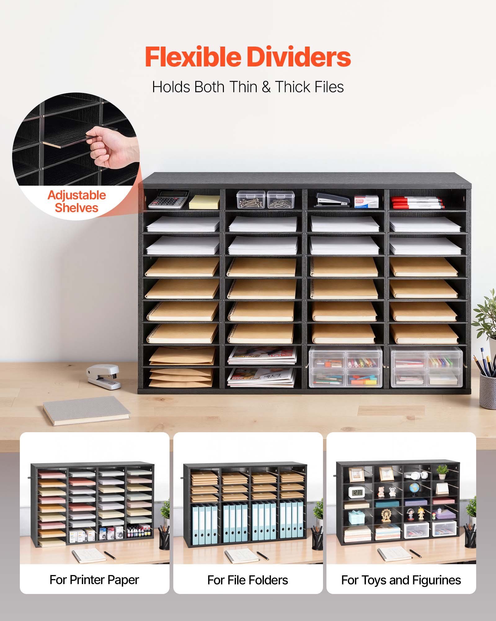 VEVOR Estante de Almacenamiento de Documentos 36 Compartimentos, Organizador de Archivos de Madera 95,7 x 30 x 60 cm, Clasificador de Literatura con Estantes Desmontables para Oficina, Aulas, Negro