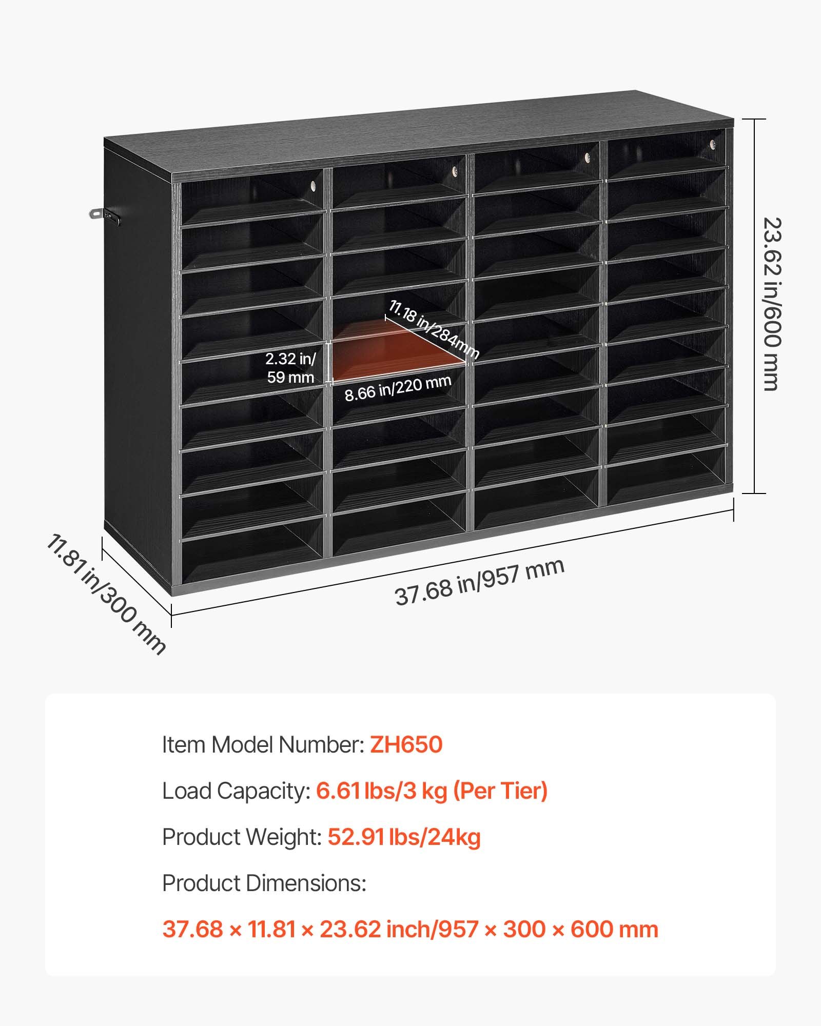 VEVOR Estante de Almacenamiento de Documentos 36 Compartimentos, Organizador de Archivos de Madera 95,7 x 30 x 60 cm, Clasificador de Literatura con Estantes Desmontables para Oficina, Aulas, Negro