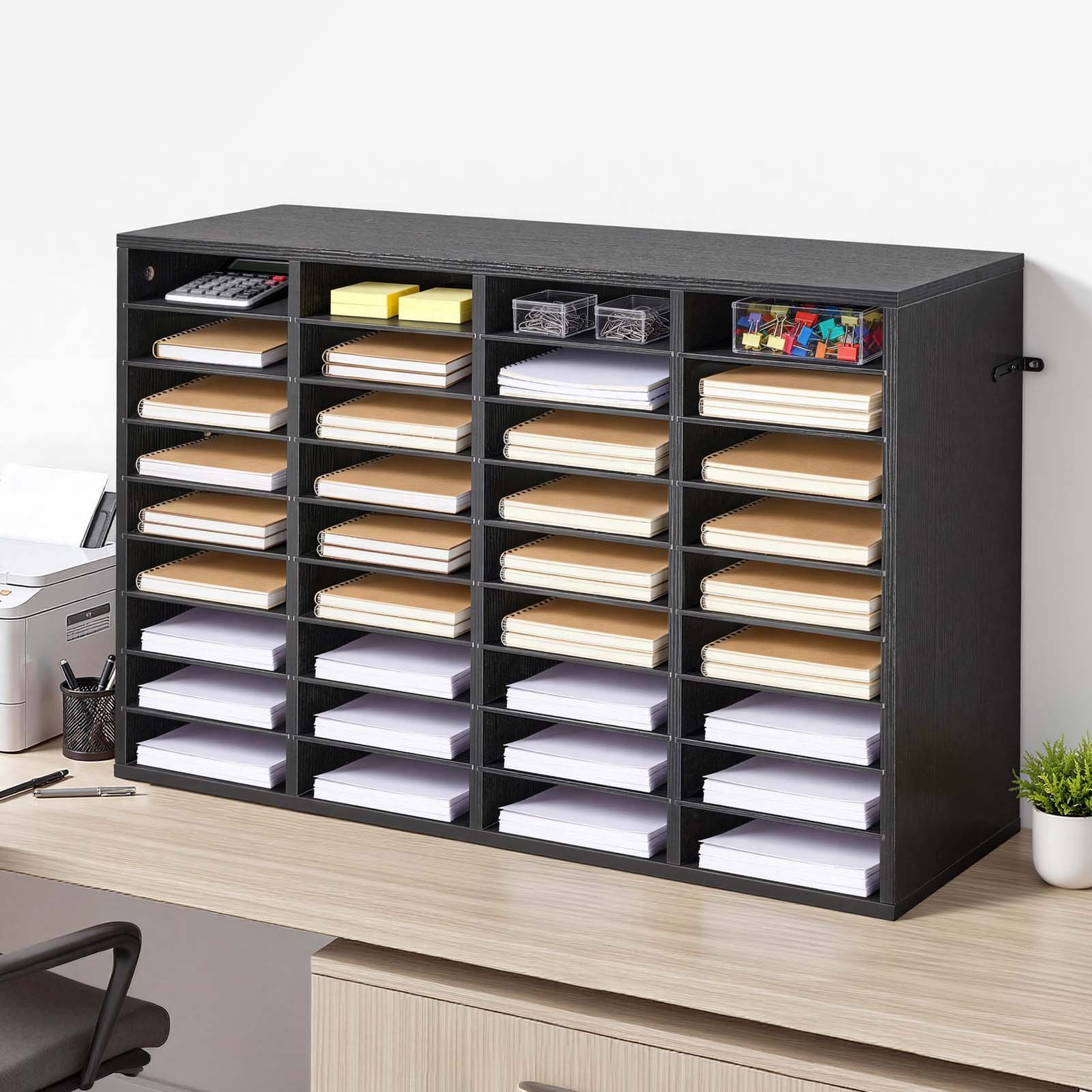 VEVOR Estante de Almacenamiento de Documentos 36 Compartimentos, Organizador de Archivos de Madera 95,7 x 30 x 60 cm, Clasificador de Literatura con Estantes Desmontables para Oficina, Aulas, Negro