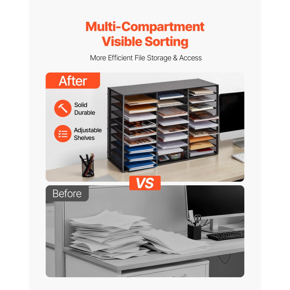 VEVOR Estante de Almacenamiento de Documentos 27 Compartimentos, Organizador de Archivos de Metal 80 x 31 x 54,5 cm, Clasificador de Literatura con Estantes Desmontables para Oficina, Aulas, Negro