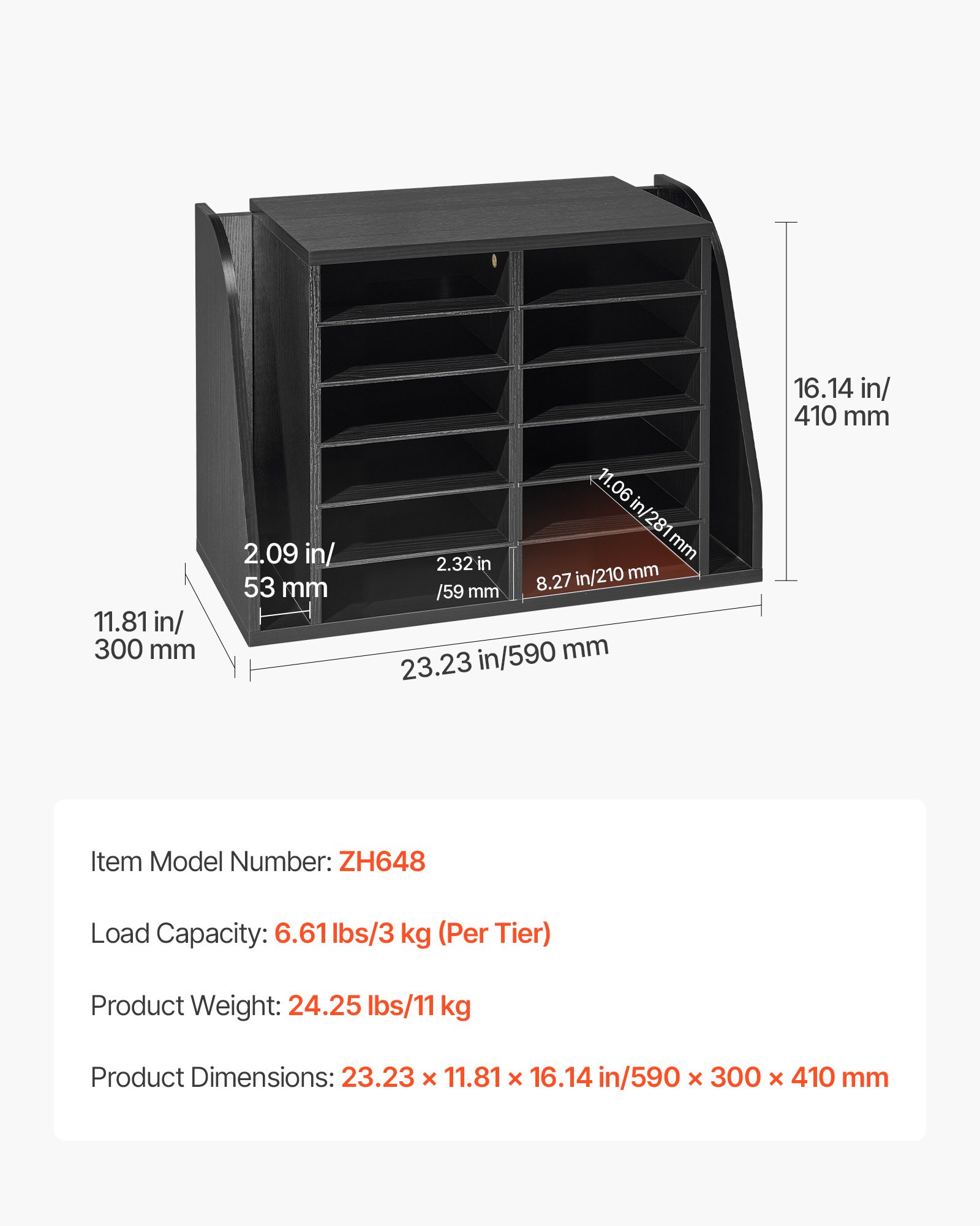 VEVOR Estante de Almacenamiento de Documentos 12 Compartimentos, Organizador de Archivos 59 x 30 x 41 cm, Clasificador de Literatura de Madera, para Archivos, Documentos, Papeles de Oficina, Negro