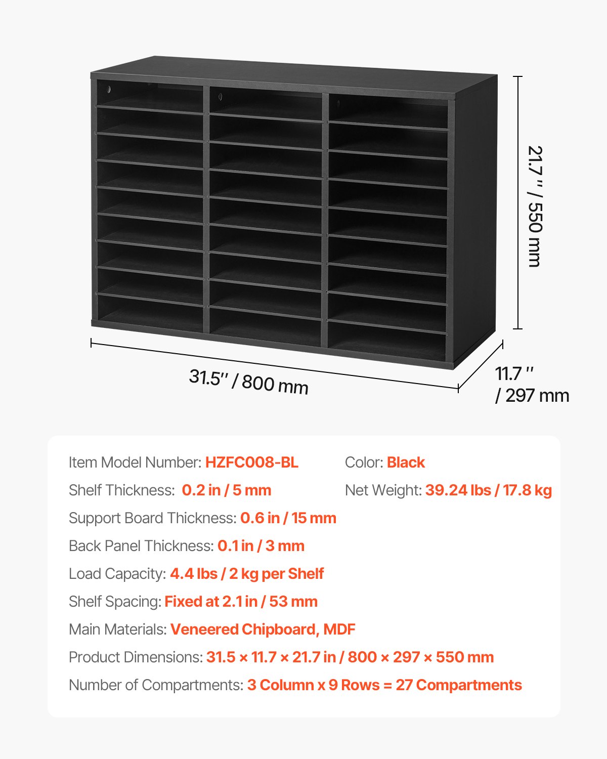 VEVOR Literature Organizer Document Tray with 27 Compartments & Removable Shelves, File Sorter Letter Tray Made of Wood, Chipboard, Storage for Office Classroom File Sorter Black