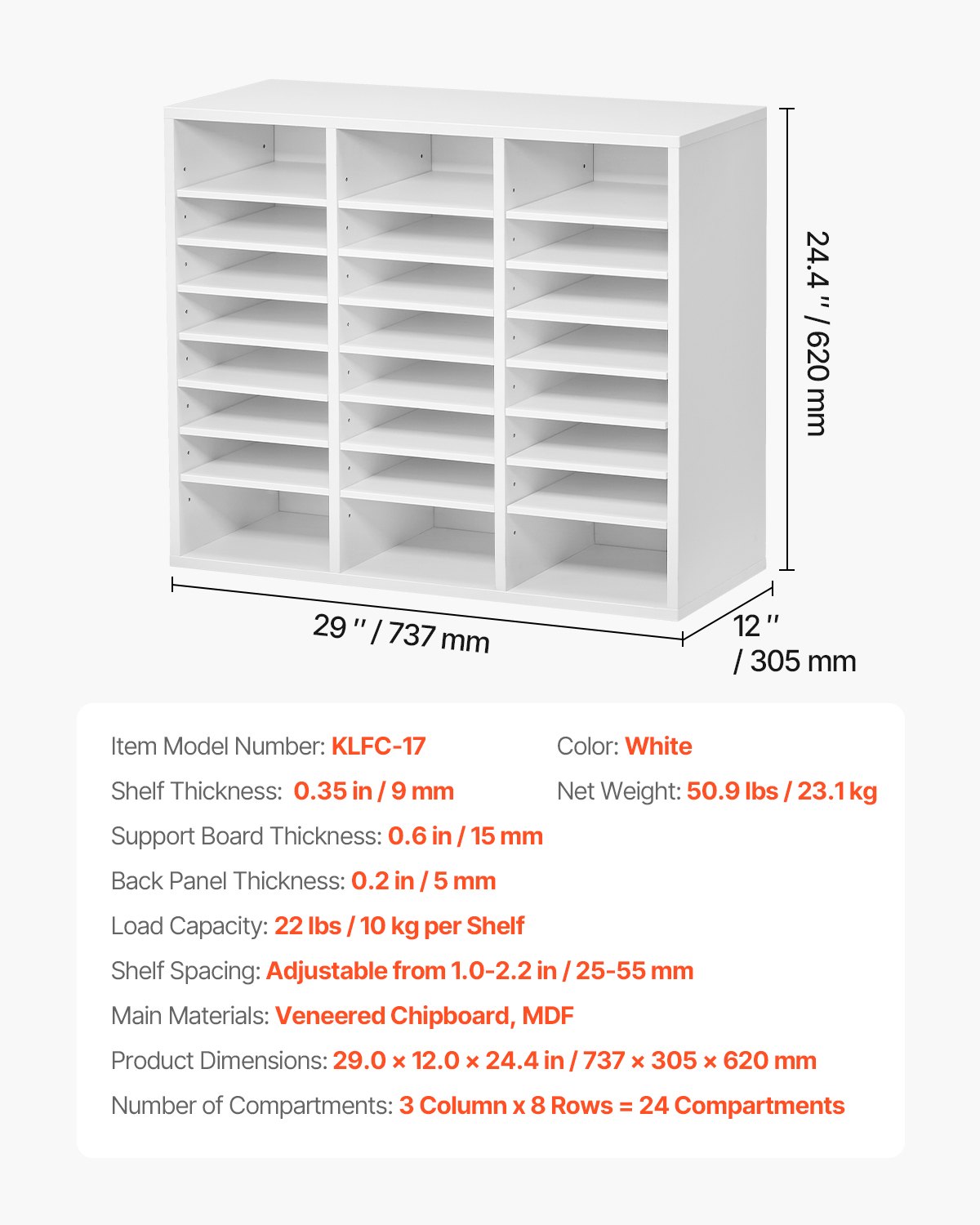 VEVOR Literature Organizer Document Tray with 24 Compartments & Adjustable Shelves, File Sorter Letter Tray Document Storage Made of Chipboard and MDF, Storage for Office Classroom White