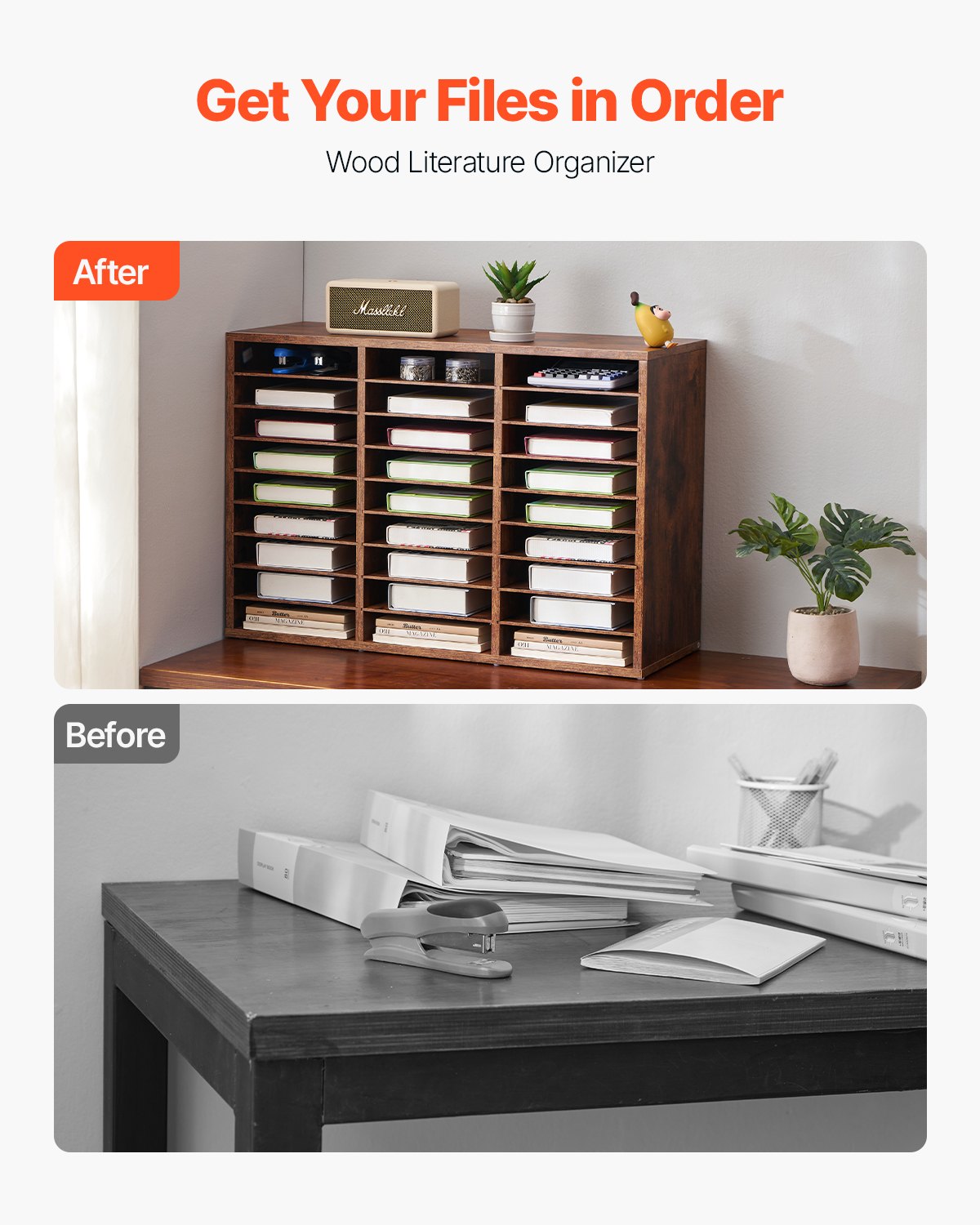 VEVOR Literature Organizer Document Tray with 27 Compartments & Removable Shelves, File Sorter Letter Tray Made of Wood, Chipboard, Storage for Office Classroom File Sorter Dark Brown