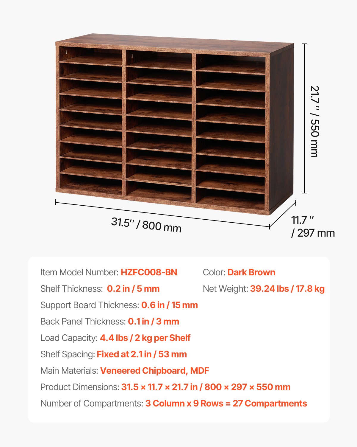 VEVOR Literature Organizer Document Tray with 27 Compartments & Removable Shelves, File Sorter Letter Tray Made of Wood, Chipboard, Storage for Office Classroom File Sorter Dark Brown