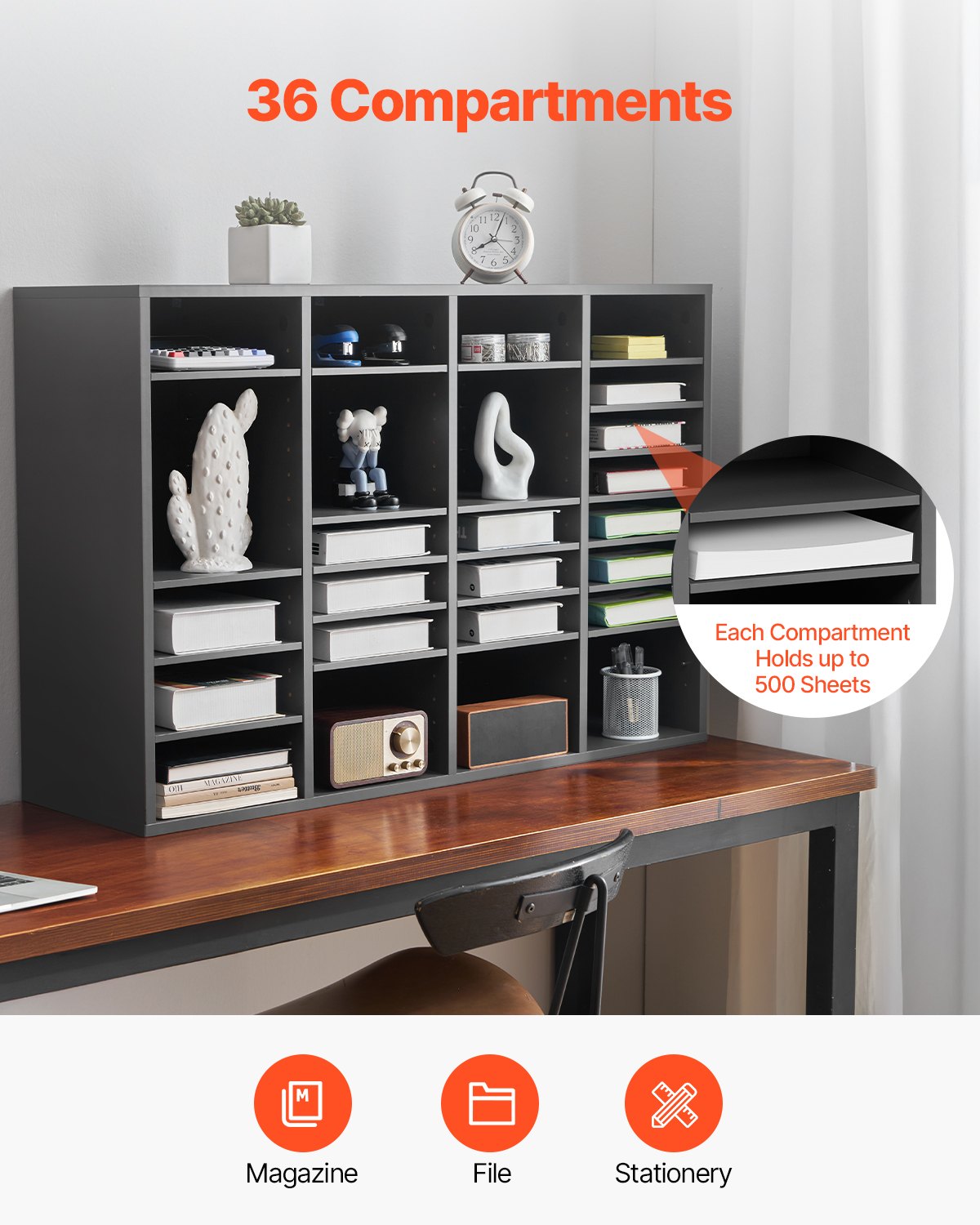 VEVOR Literature Organizer Document Tray with 36 Compartments & Adjustable Shelves, File Sorter Letter Tray Document Storage Made of Medium Density Fiberboard, Storage for Office Classroom Gray