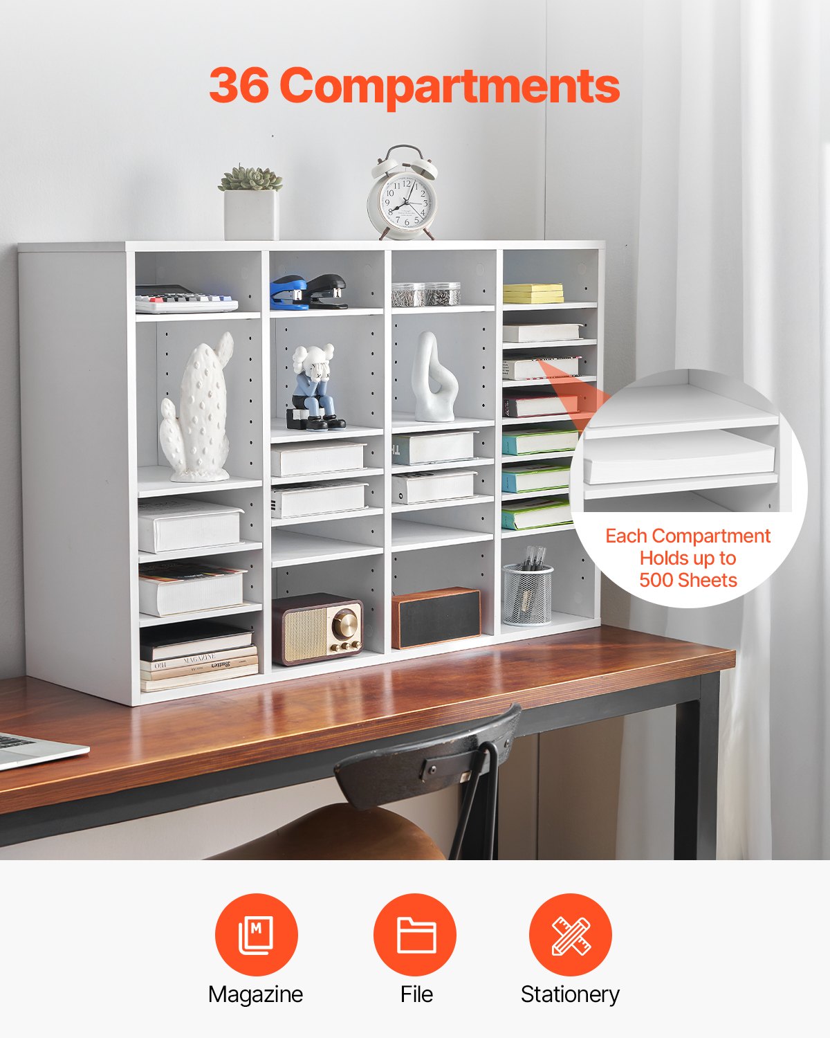VEVOR Literature Organizer Document Tray with 36 Compartments & Adjustable Shelves, File Sorter Letter Tray Document Storage Made of Chipboard and MDF, Storage for Office Classroom White