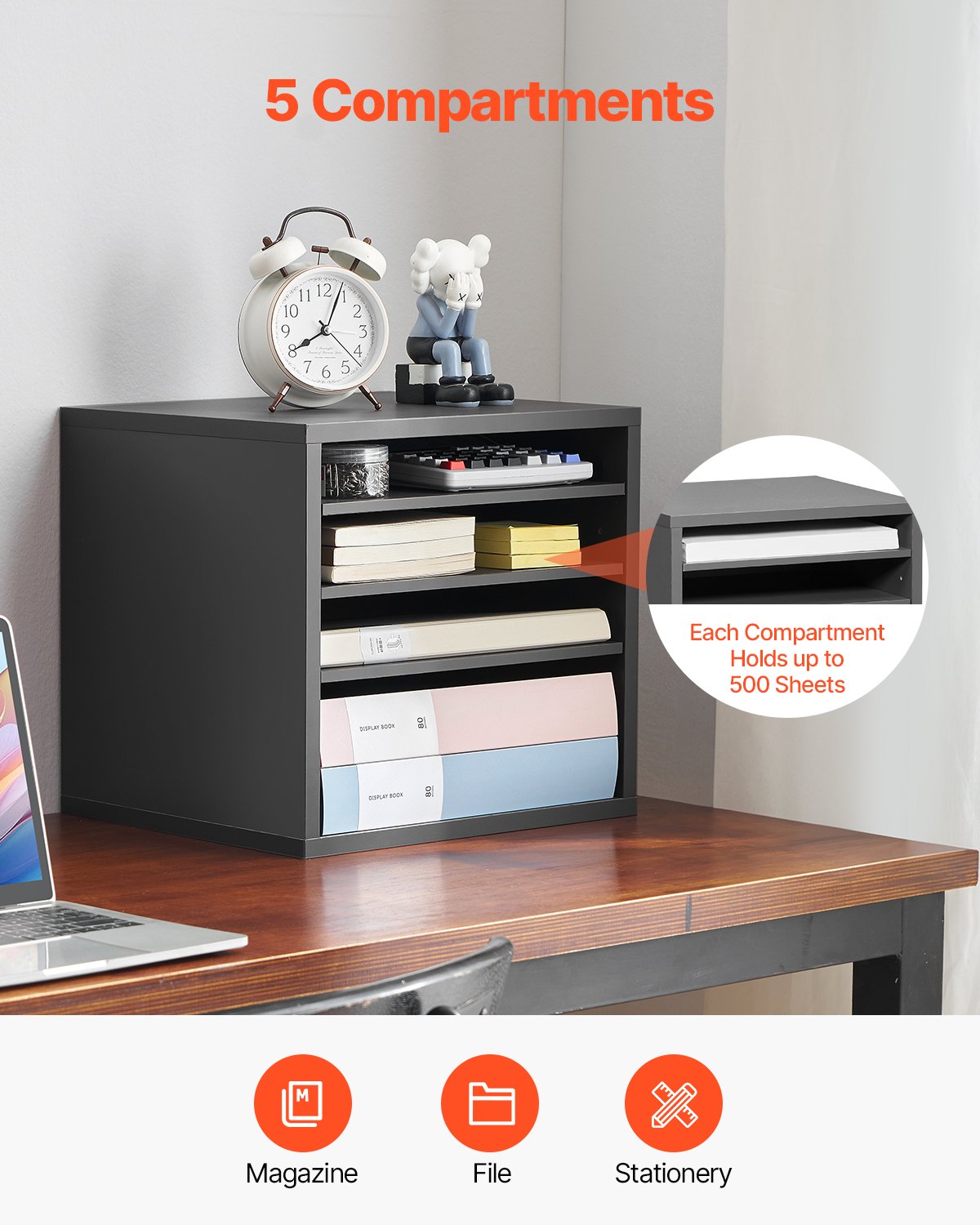 VEVOR Literature Organizer Document Tray with 5 Compartments & Adjustable Shelves, File Sorter Letter Tray Document Storage Made of Chipboard and MDF, Storage for Office Classroom Gray