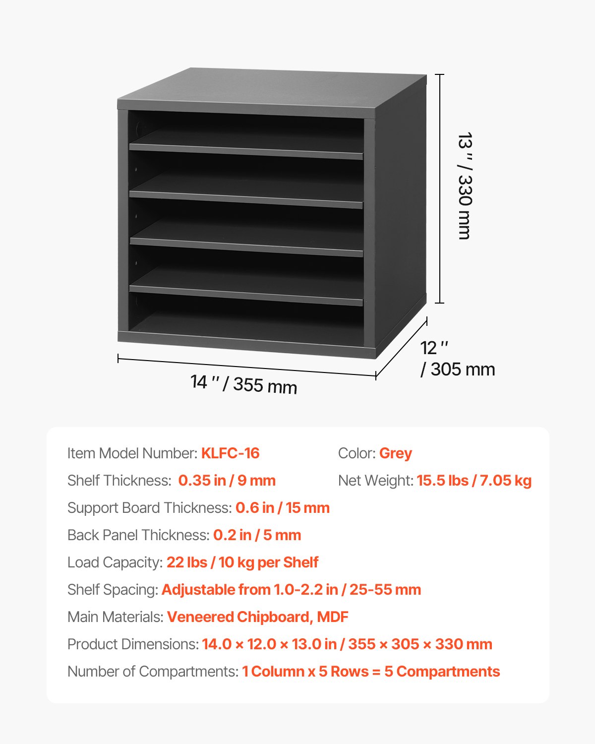 VEVOR Literature Organizer Document Tray with 5 Compartments & Adjustable Shelves, File Sorter Letter Tray Document Storage Made of Chipboard and MDF, Storage for Office Classroom Gray