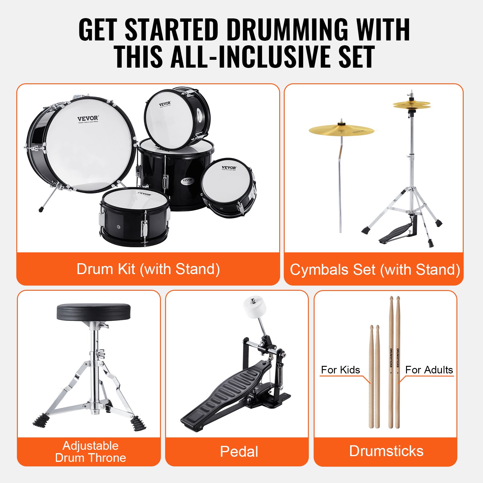 VEVOR Juego de batería para niños, 5 piezas, 16 pulgadas, juego completo de batería para principiantes con bajo Toms Snare Floor Drum, trono ajustable, pedal de charles y dos pares de baquetas, kit de batería de iniciación para niños, negro