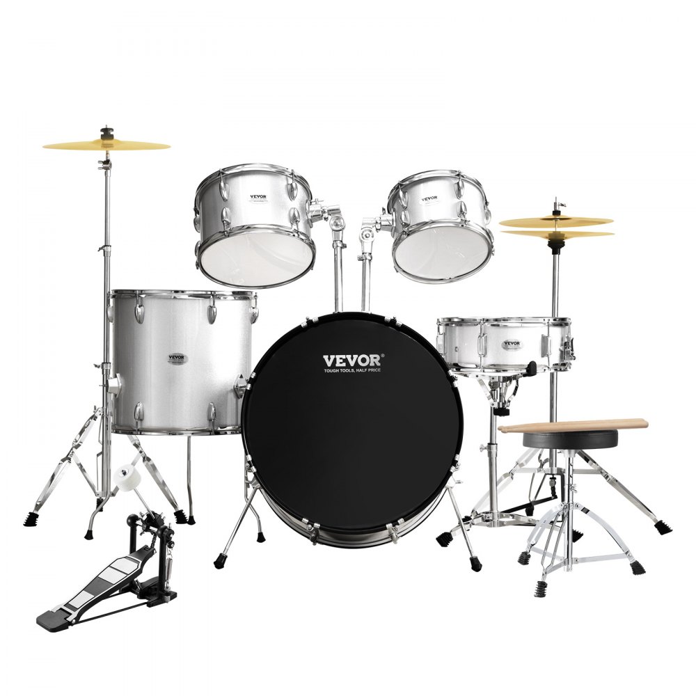 VEVOR Juego de batería para adultos, 5 piezas, 22 pulgadas, kit completo de batería de tamaño completo con bajo Toms Snare, tambor de piso, soportes de trono ajustables, pedal de charles y baquetas, kit de batería para principiantes para adultos, plateado