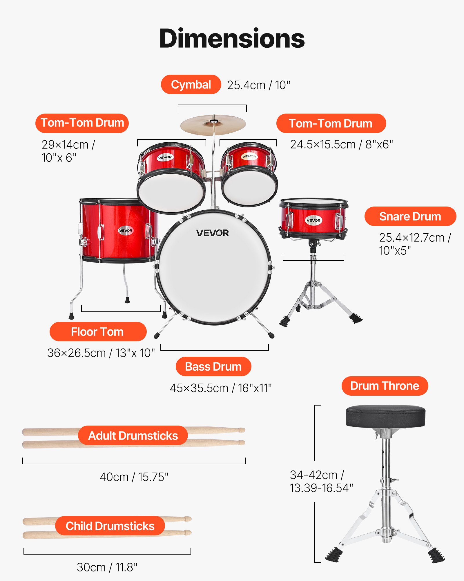 VEVOR Kids Drum Set, 5-Piece 406.4 mm Junior Drum Sets, Beginner Drums Set with Adjustable Throne and Two Pairs of Drumsticks, Musical Learning Drums Instruments Kit, for Children Ages 6-13 (Red)