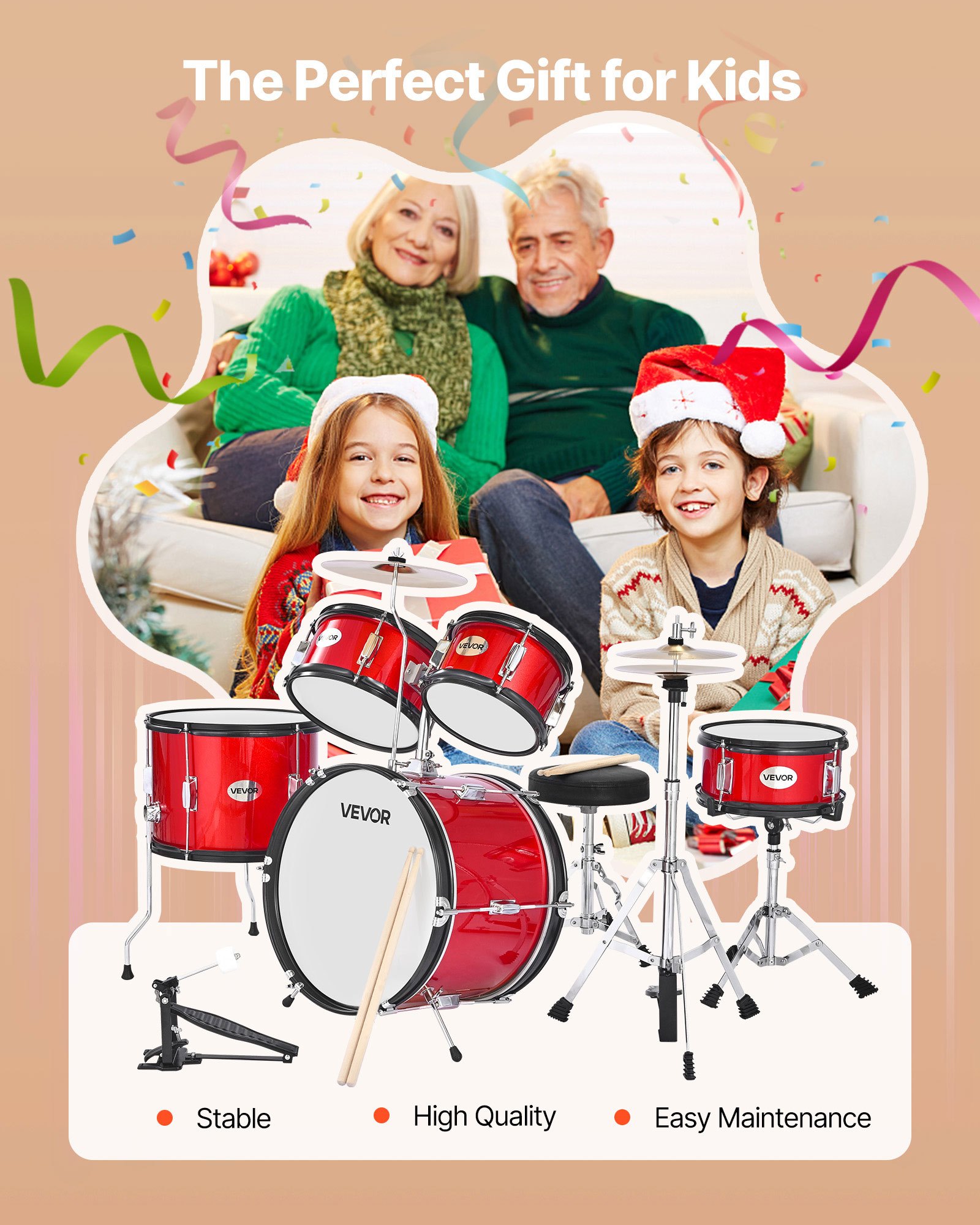 VEVOR Kids Drum Set, 5-Piece 406.4 mm Junior Drum Sets, Beginner Drums Set with Adjustable Throne and Two Pairs of Drumsticks, Musical Learning Drums Instruments Kit, for Children Ages 6-13 (Red)