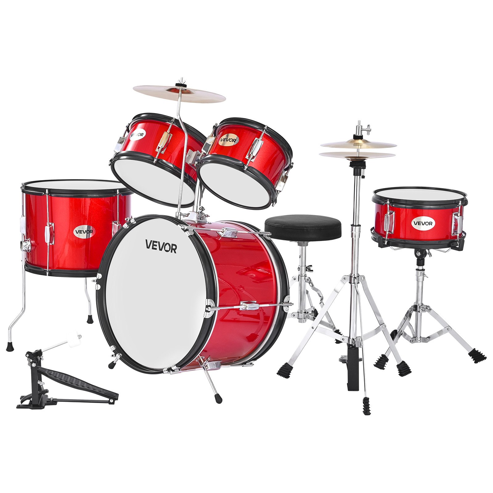 VEVOR Batería Infantil de 5 Piezas de 16 in / 406,4 mm para Principiantes con Trono Ajustable, Platillo y Dos Pares de Baquetas, Kit de Aprendizaje de Música de Batería para Niños de 6 a 13 Años, Rojo