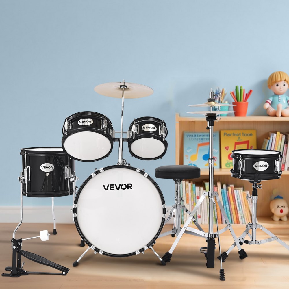 VEVOR Kids Drum Set, 5-Piece 355.6 mm Junior Drum Sets, Beginner Drums Set with Adjustable Throne and Two Pairs of Drumsticks, Musical Learning Drums Instruments Kit, for Children Ages 6-13(Black)