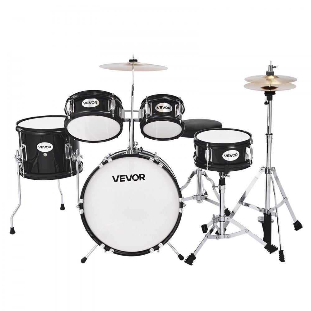 VEVOR Kids Drum Set, 5-Piece 355.6 mm Junior Drum Sets, Beginner Drums Set with Adjustable Throne and Two Pairs of Drumsticks, Musical Learning Drums Instruments Kit, for Children Ages 6-13(Black)