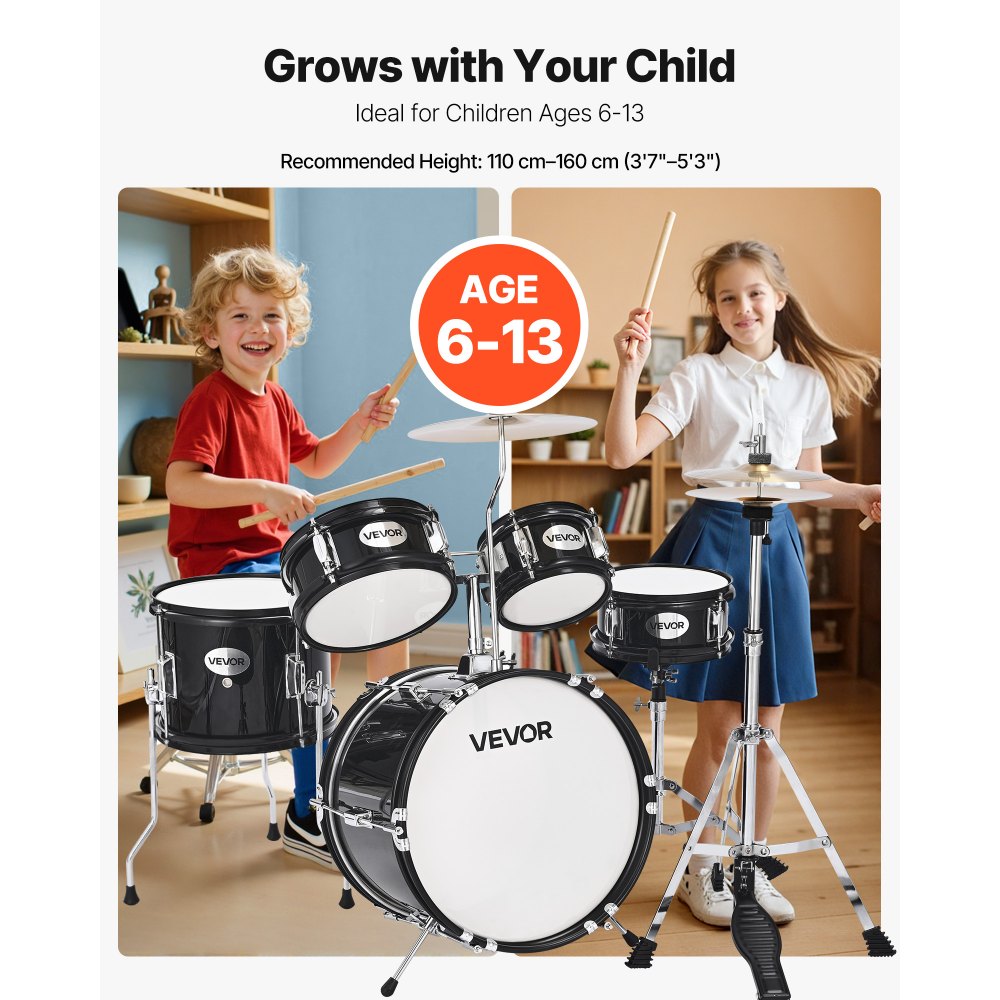 VEVOR Batería Infantil de 5 Piezas de 14 in / 355,6 mm para Principiantes con Trono Ajustable, Platillo y Dos Pares de Baquetas, Kit de Aprendizaje de Música de Batería para Niños de 6 a 13 Años, Negro