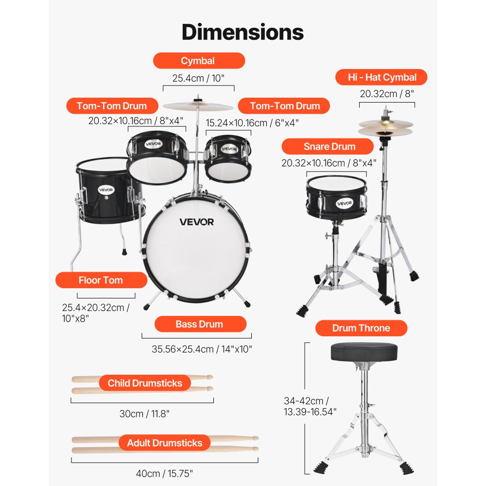 VEVOR Batería Infantil de 5 Piezas de 14 in / 355,6 mm para Principiantes con Trono Ajustable, Platillo y Dos Pares de Baquetas, Kit de Aprendizaje de Música de Batería para Niños de 6 a 13 Años, Negro