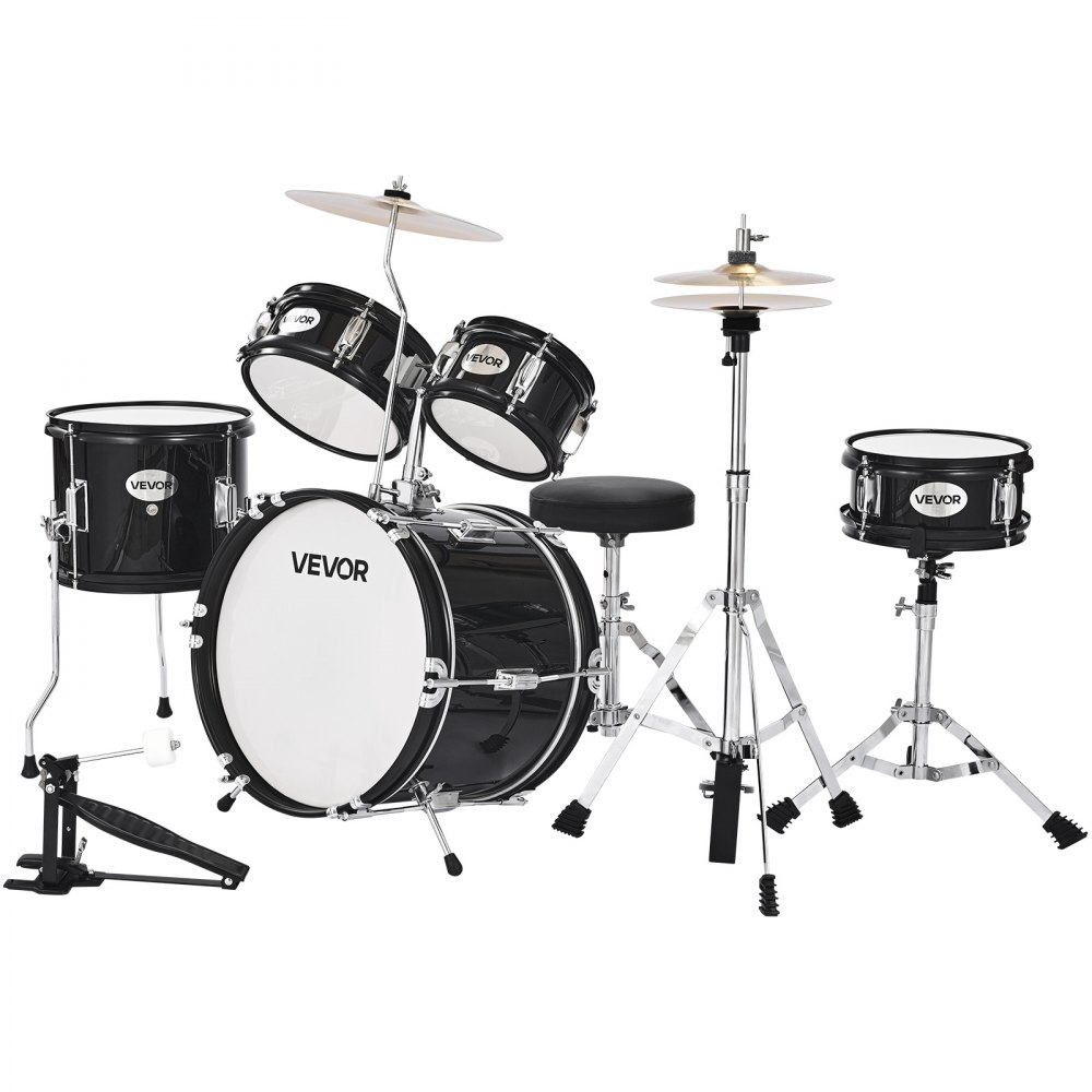 VEVOR Batería Infantil de 5 Piezas de 14 in / 355,6 mm para Principiantes con Trono Ajustable, Platillo y Dos Pares de Baquetas, Kit de Aprendizaje de Música de Batería para Niños de 6 a 13 Años, Negro