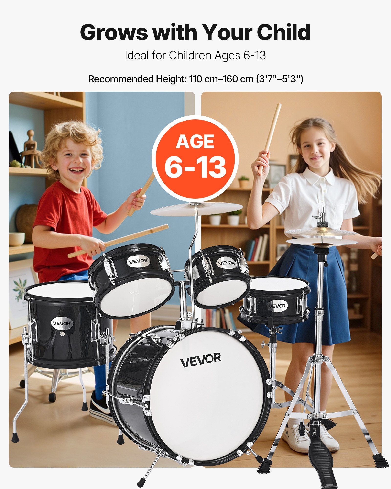 VEVOR Batería Infantil de 5 Piezas de 14 in / 355,6 mm para Principiantes con Trono Ajustable, Platillo y Dos Pares de Baquetas, Kit de Aprendizaje de Música de Batería para Niños de 6 a 13 Años, Negro
