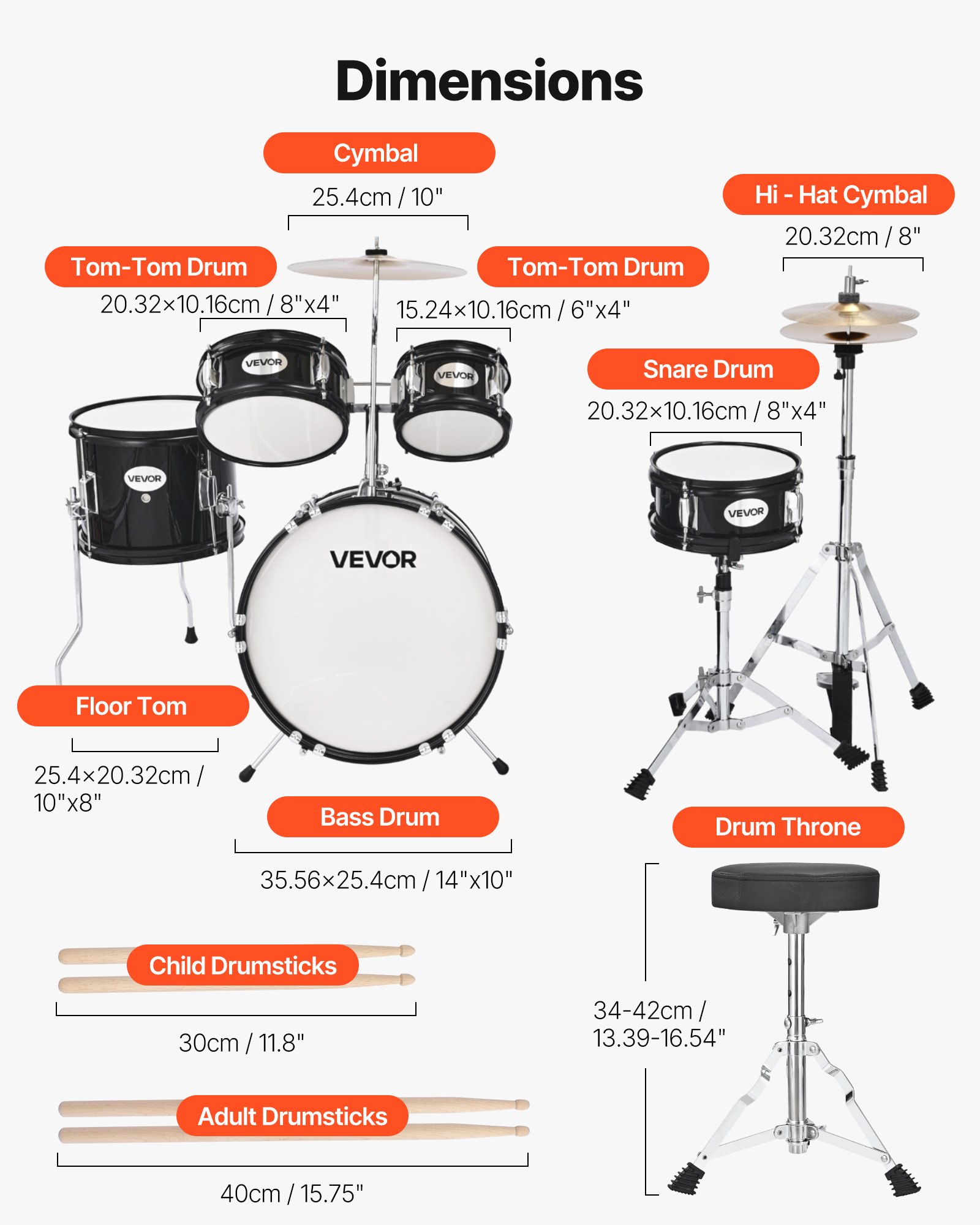 VEVOR Batería Infantil de 5 Piezas de 14 in / 355,6 mm para Principiantes con Trono Ajustable, Platillo y Dos Pares de Baquetas, Kit de Aprendizaje de Música de Batería para Niños de 6 a 13 Años, Negro