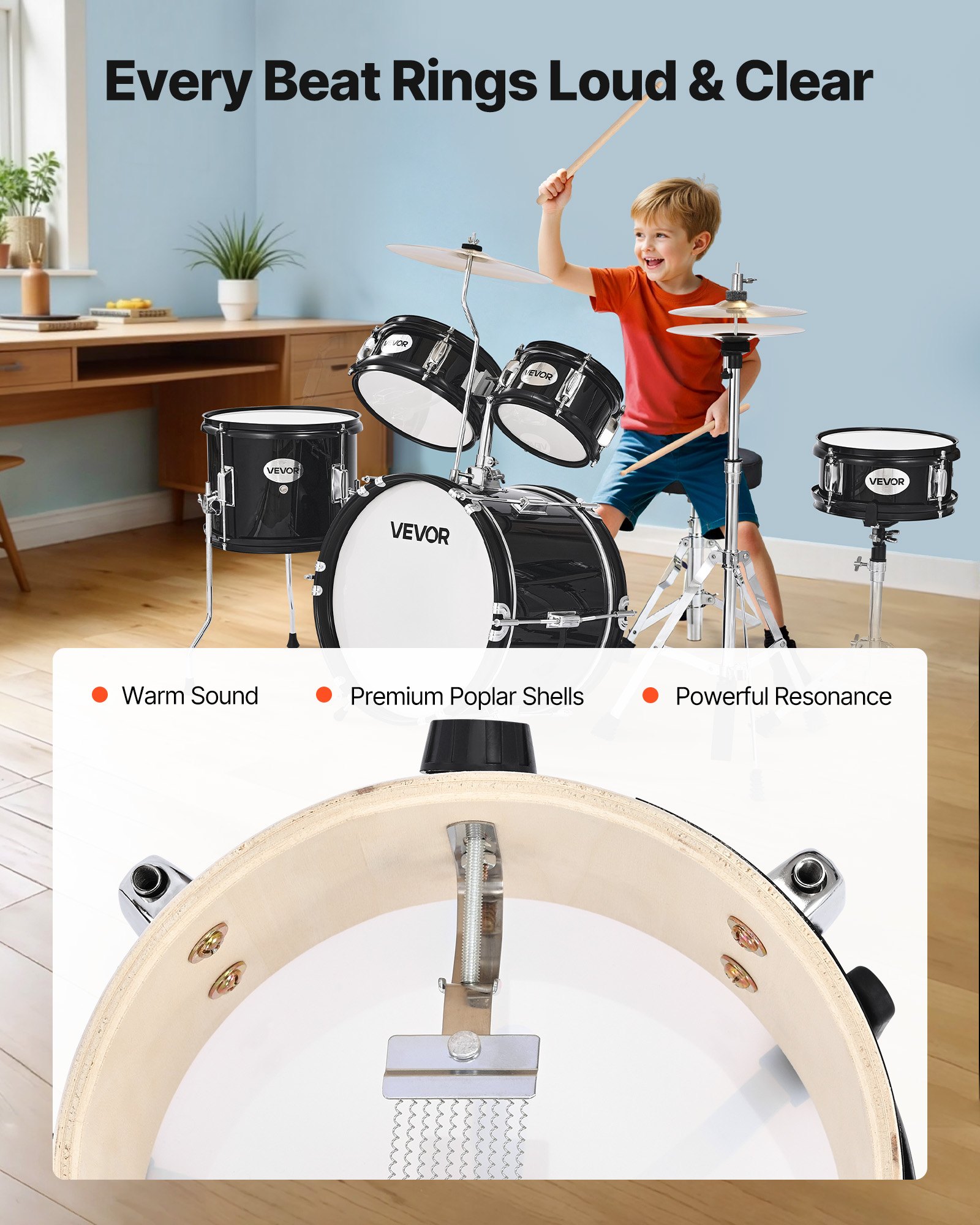 VEVOR Batería Infantil de 5 Piezas de 14 in / 355,6 mm para Principiantes con Trono Ajustable, Platillo y Dos Pares de Baquetas, Kit de Aprendizaje de Música de Batería para Niños de 6 a 13 Años, Negro