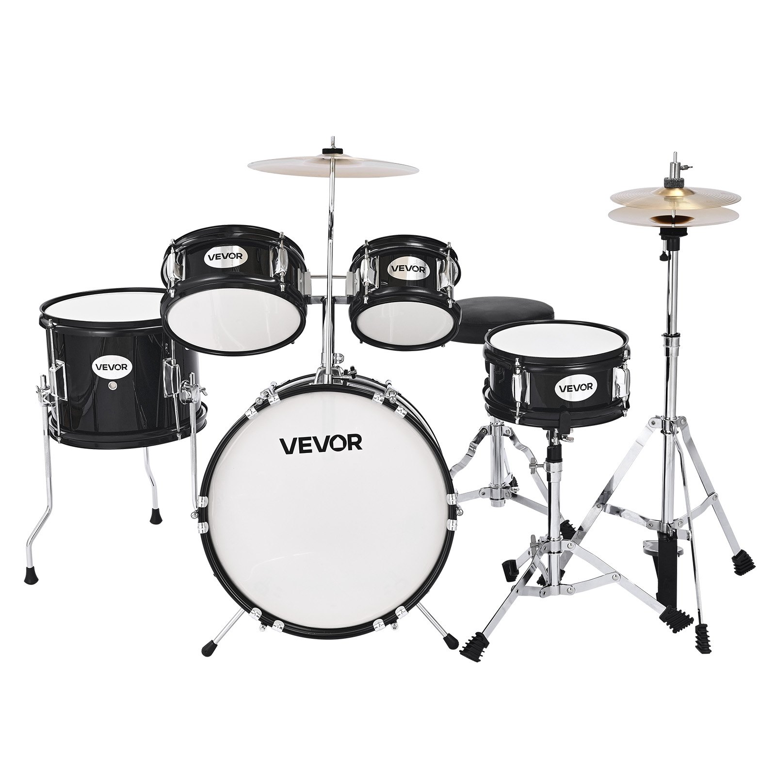 VEVOR Batería Infantil de 5 Piezas de 14 in / 355,6 mm para Principiantes con Trono Ajustable, Platillo y Dos Pares de Baquetas, Kit de Aprendizaje de Música de Batería para Niños de 6 a 13 Años, Negro