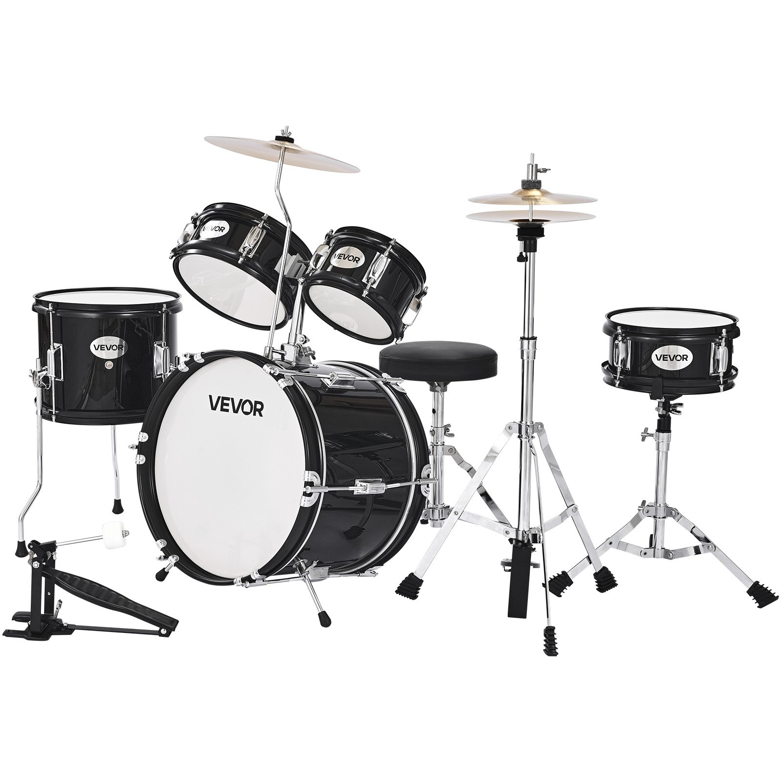 VEVOR Batería Infantil de 5 Piezas de 14 in / 355,6 mm para Principiantes con Trono Ajustable, Platillo y Dos Pares de Baquetas, Kit de Aprendizaje de Música de Batería para Niños de 6 a 13 Años, Negro