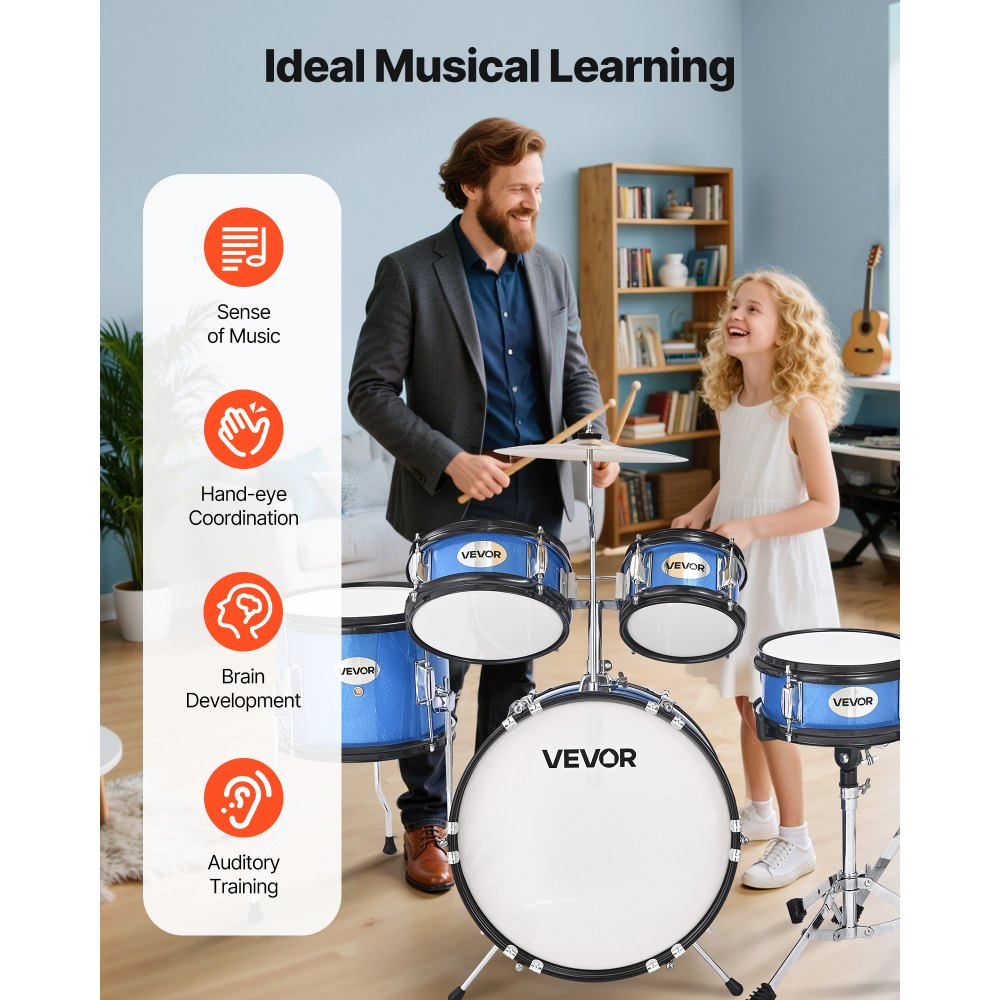 VEVOR Batería Infantil de 5 Piezas de 14 in / 355,6 mm para Principiantes con Trono Ajustable, Platillo y Dos Pares de Baquetas, Kit de Aprendizaje de Música de Batería para Niños de 6 a 13 Años, Azul