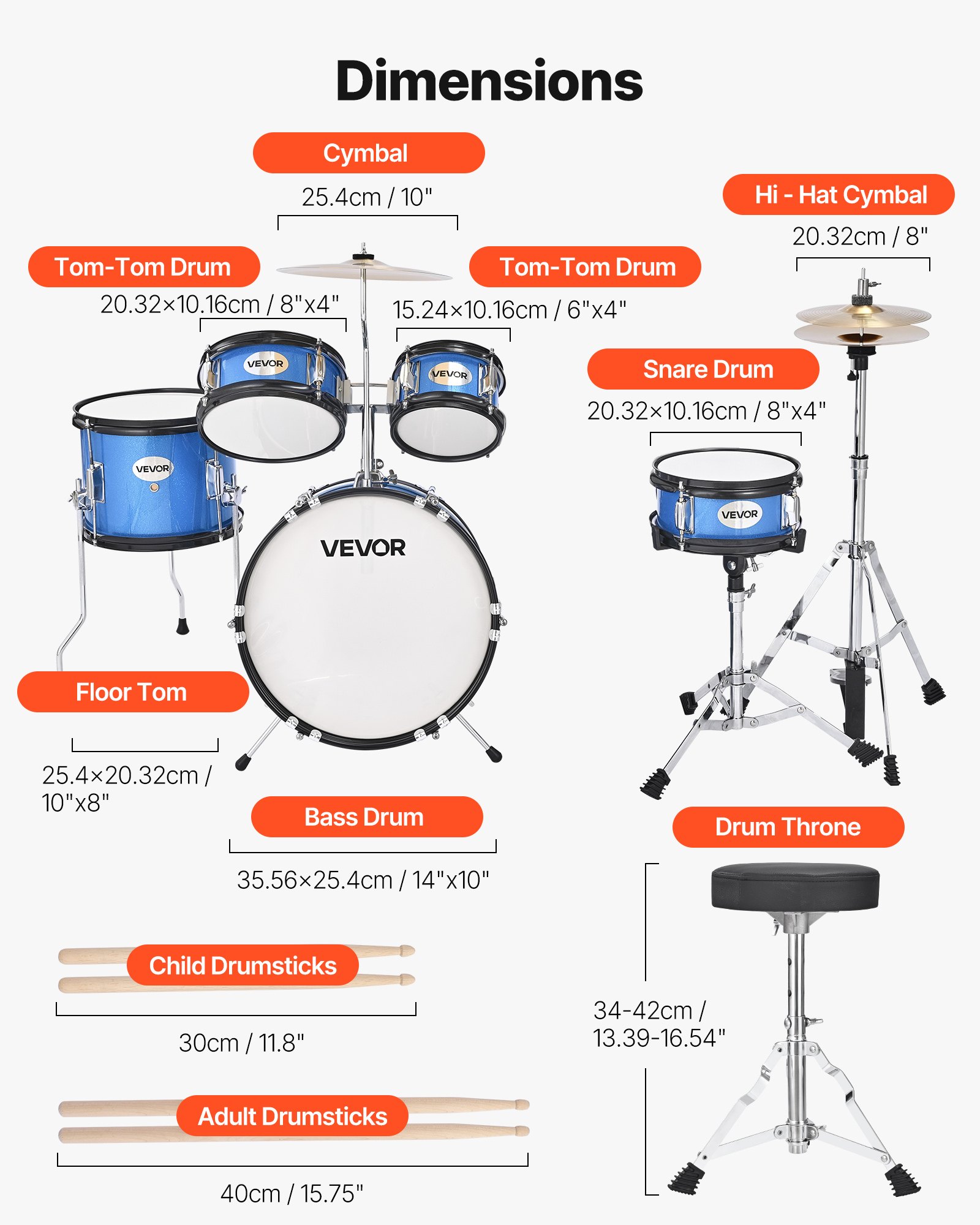 VEVOR Batería Infantil de 5 Piezas de 14 in / 355,6 mm para Principiantes con Trono Ajustable, Platillo y Dos Pares de Baquetas, Kit de Aprendizaje de Música de Batería para Niños de 6 a 13 Años, Azul