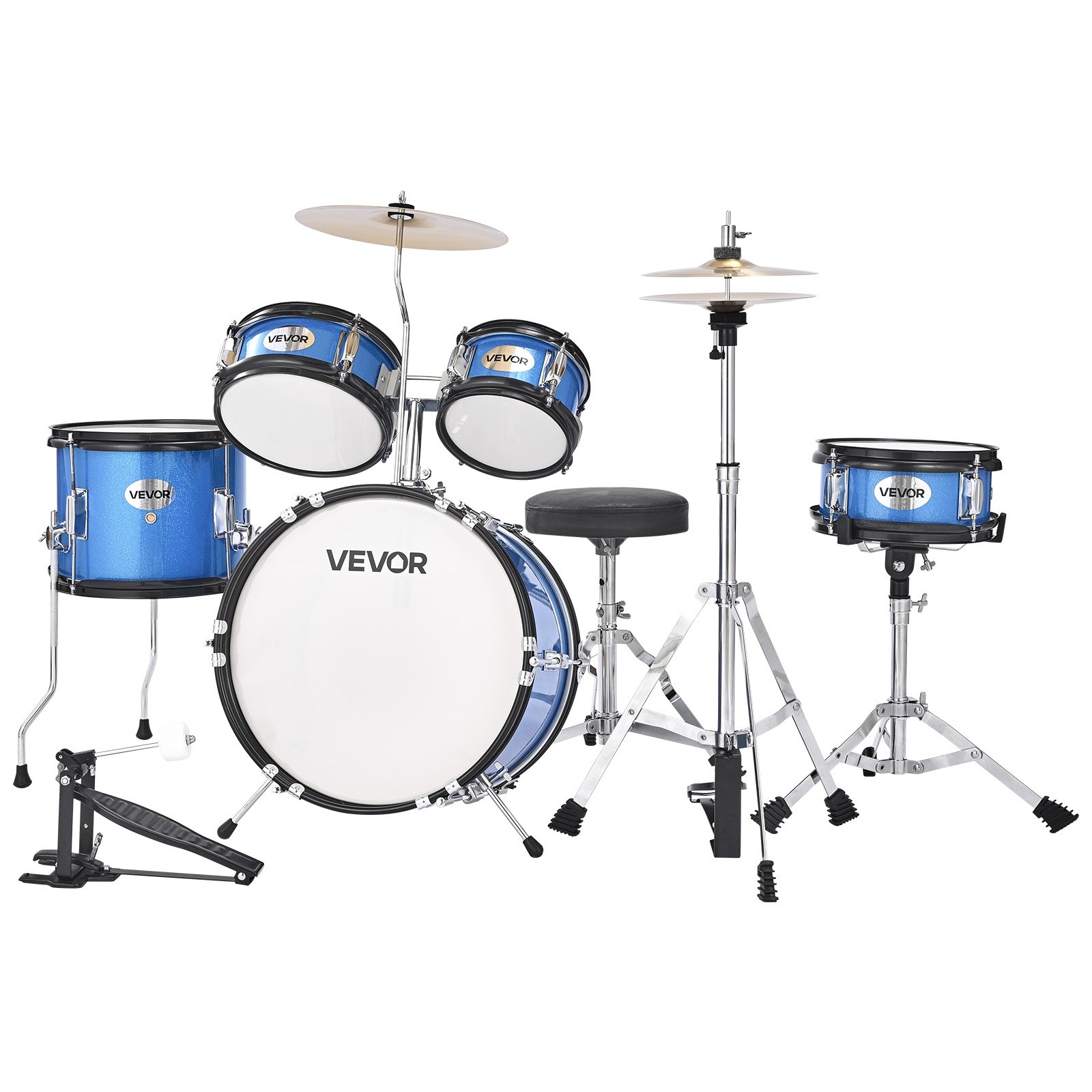 VEVOR Batería Infantil de 5 Piezas de 14 in / 355,6 mm para Principiantes con Trono Ajustable, Platillo y Dos Pares de Baquetas, Kit de Aprendizaje de Música de Batería para Niños de 6 a 13 Años, Azul
