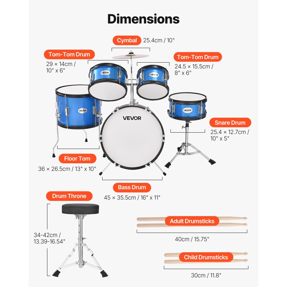 VEVOR Batería Infantil de 5 Piezas de 16 in / 406,4 mm para Principiantes con Trono Ajustable, Platillo y Dos Pares de Baquetas, Kit de Aprendizaje de Música de Batería para Niños de 6 a 13 Años, Azul