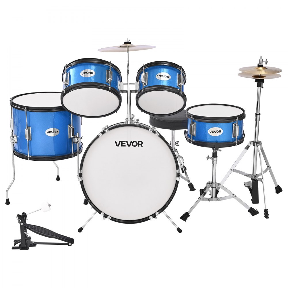 VEVOR Batería Infantil de 5 Piezas de 16 in / 406,4 mm para Principiantes con Trono Ajustable, Platillo y Dos Pares de Baquetas, Kit de Aprendizaje de Música de Batería para Niños de 6 a 13 Años, Azul