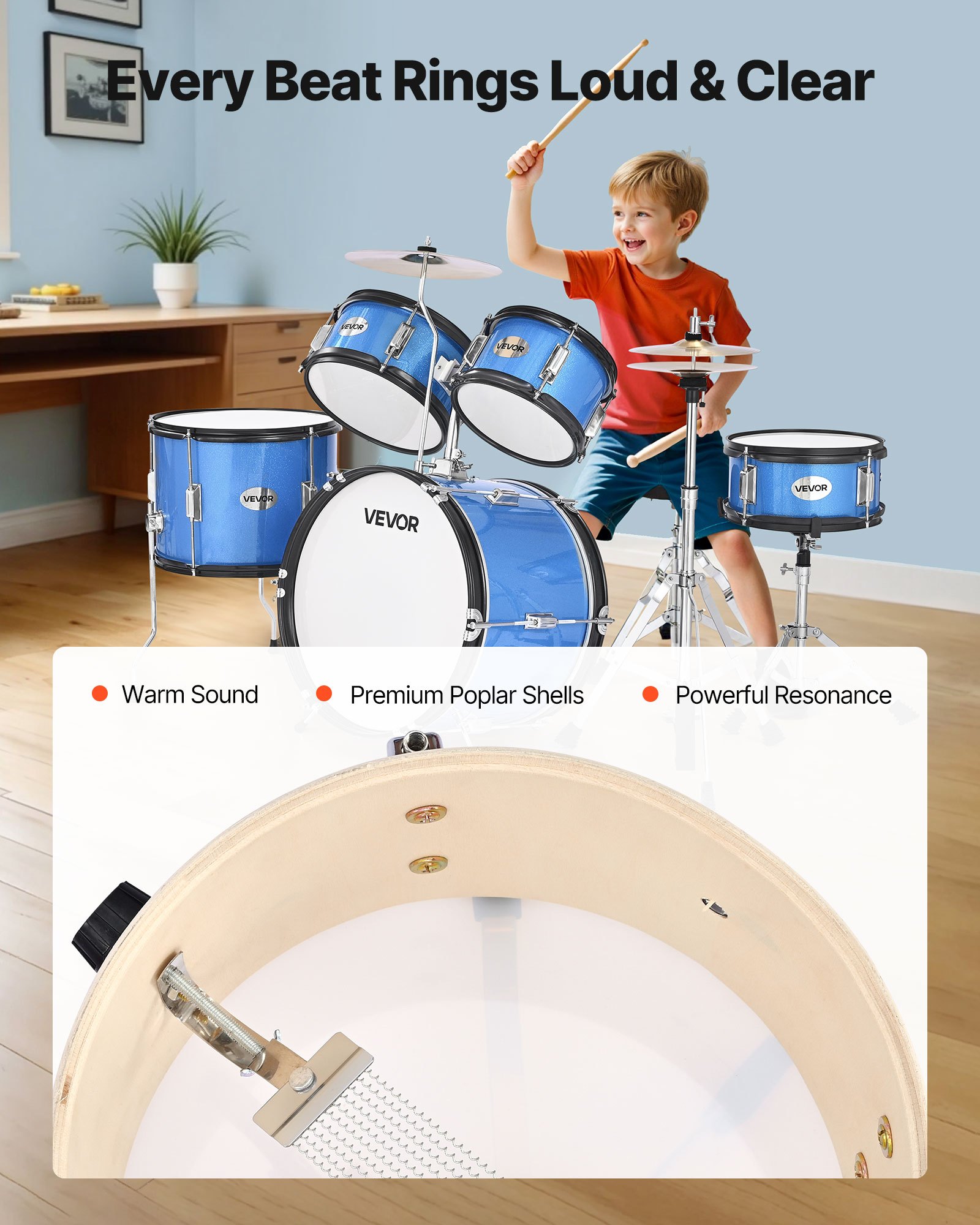 VEVOR Batería Infantil de 5 Piezas de 16 in / 406,4 mm para Principiantes con Trono Ajustable, Platillo y Dos Pares de Baquetas, Kit de Aprendizaje de Música de Batería para Niños de 6 a 13 Años, Azul