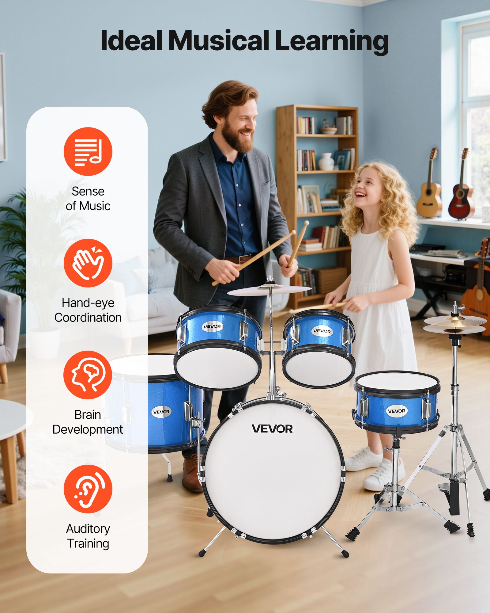 VEVOR Batería Infantil de 5 Piezas de 16 in / 406,4 mm para Principiantes con Trono Ajustable, Platillo y Dos Pares de Baquetas, Kit de Aprendizaje de Música de Batería para Niños de 6 a 13 Años, Azul