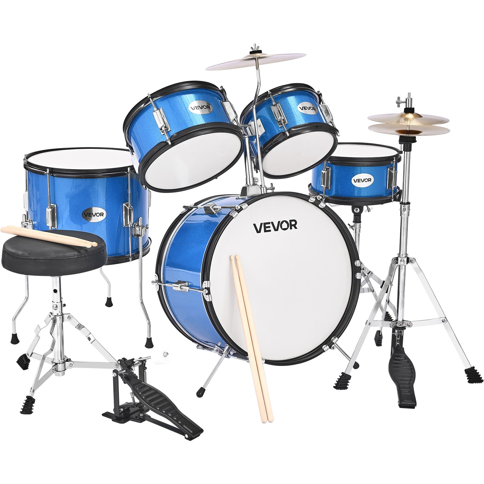 VEVOR Batería Infantil de 5 Piezas de 16 in / 406,4 mm para Principiantes con Trono Ajustable, Platillo y Dos Pares de Baquetas, Kit de Aprendizaje de Música de Batería para Niños de 6 a 13 Años, Azul