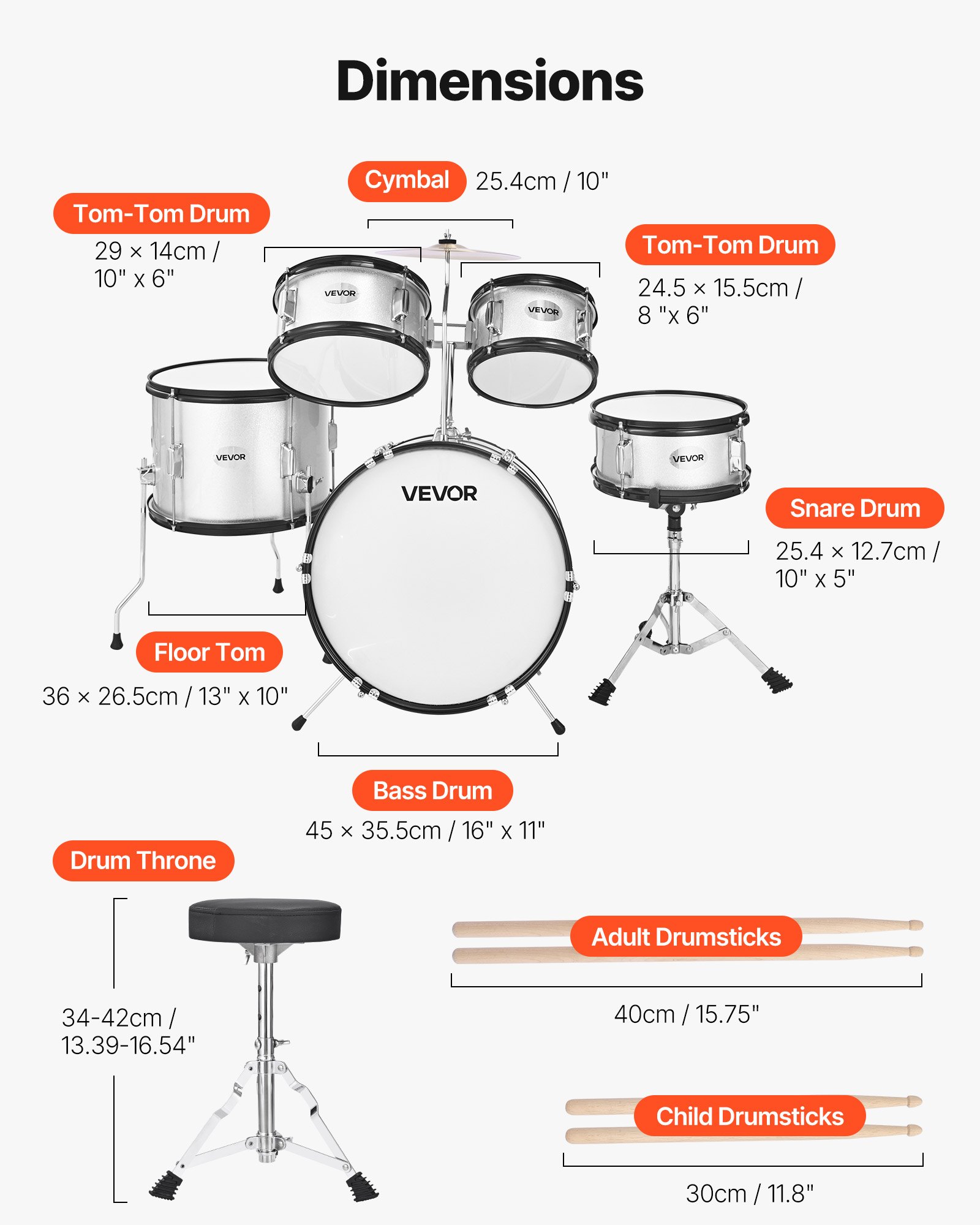 VEVOR Batería Infantil de 5 Piezas de 16 in / 406,4 mm para Principiantes con Trono Ajustable, Platillo y Dos Pares de Baquetas, Kit de Aprendizaje de Música de Batería para Niños de 6 a 13 Años, Plata