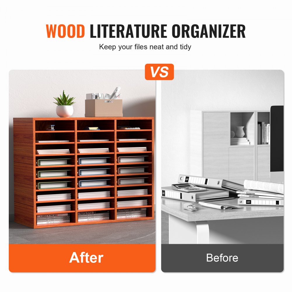 VEVOR Organizador de Literatura de Madera de 27 Ranuras de 800 x 305 x 630 mm, Estantes Ajustables de Tablero de Fibra de Densidad Media, Almacenamiento para Archivos, Documentos, Papeles, Marrón