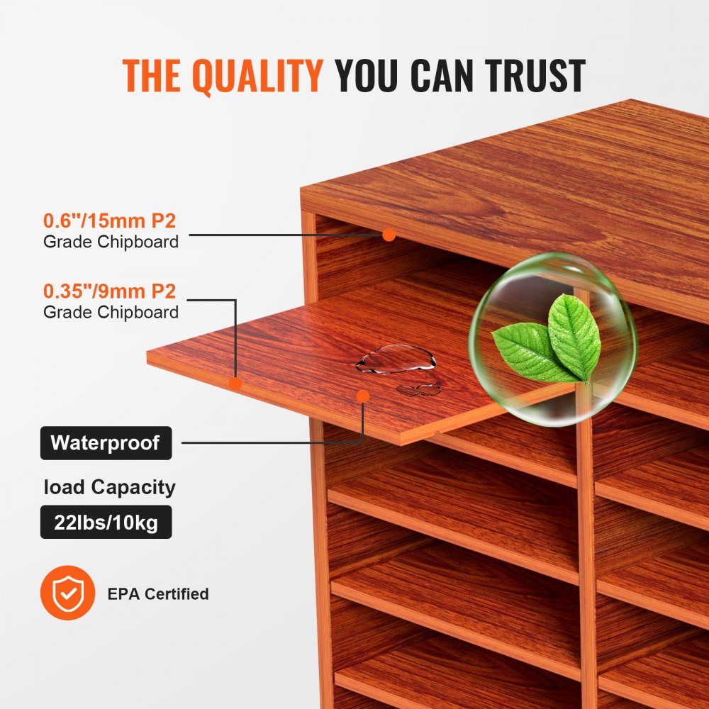 VEVOR Organizador de Literatura de Madera de 27 Ranuras de 800 x 305 x 630 mm, Estantes Ajustables de Tablero de Fibra de Densidad Media, Almacenamiento para Archivos, Documentos, Papeles, Marrón