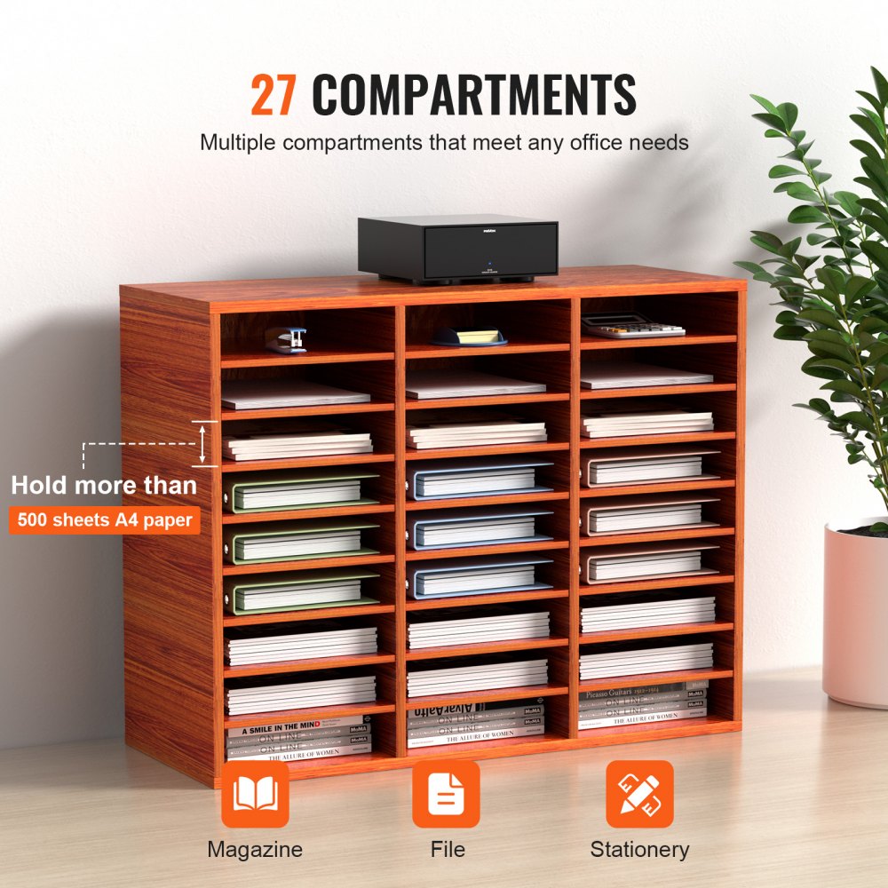 VEVOR Organizador de Literatura de Madera de 27 Ranuras de 800 x 305 x 630 mm, Estantes Ajustables de Tablero de Fibra de Densidad Media, Almacenamiento para Archivos, Documentos, Papeles, Marrón