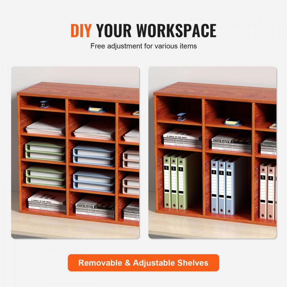 VEVOR Organizador de Literatura de Madera de 27 Ranuras de 800 x 305 x 630 mm, Estantes Ajustables de Tablero de Fibra de Densidad Media, Almacenamiento para Archivos, Documentos, Papeles, Marrón