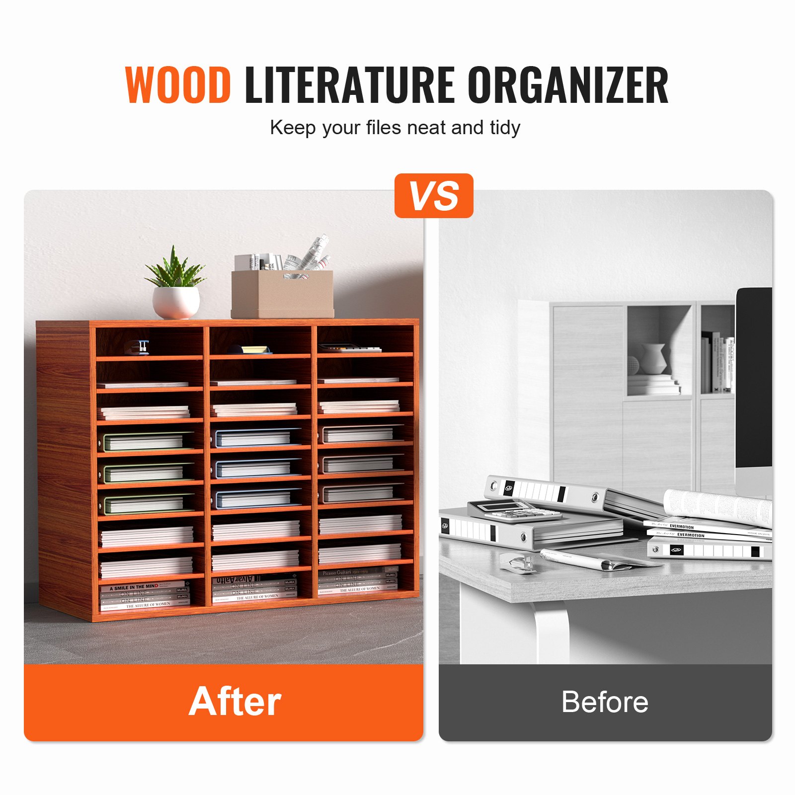 VEVOR Organizador de Literatura de Madera de 27 Ranuras de 800 x 305 x 630 mm, Estantes Ajustables de Tablero de Fibra de Densidad Media, Almacenamiento para Archivos, Documentos, Papeles, Marrón