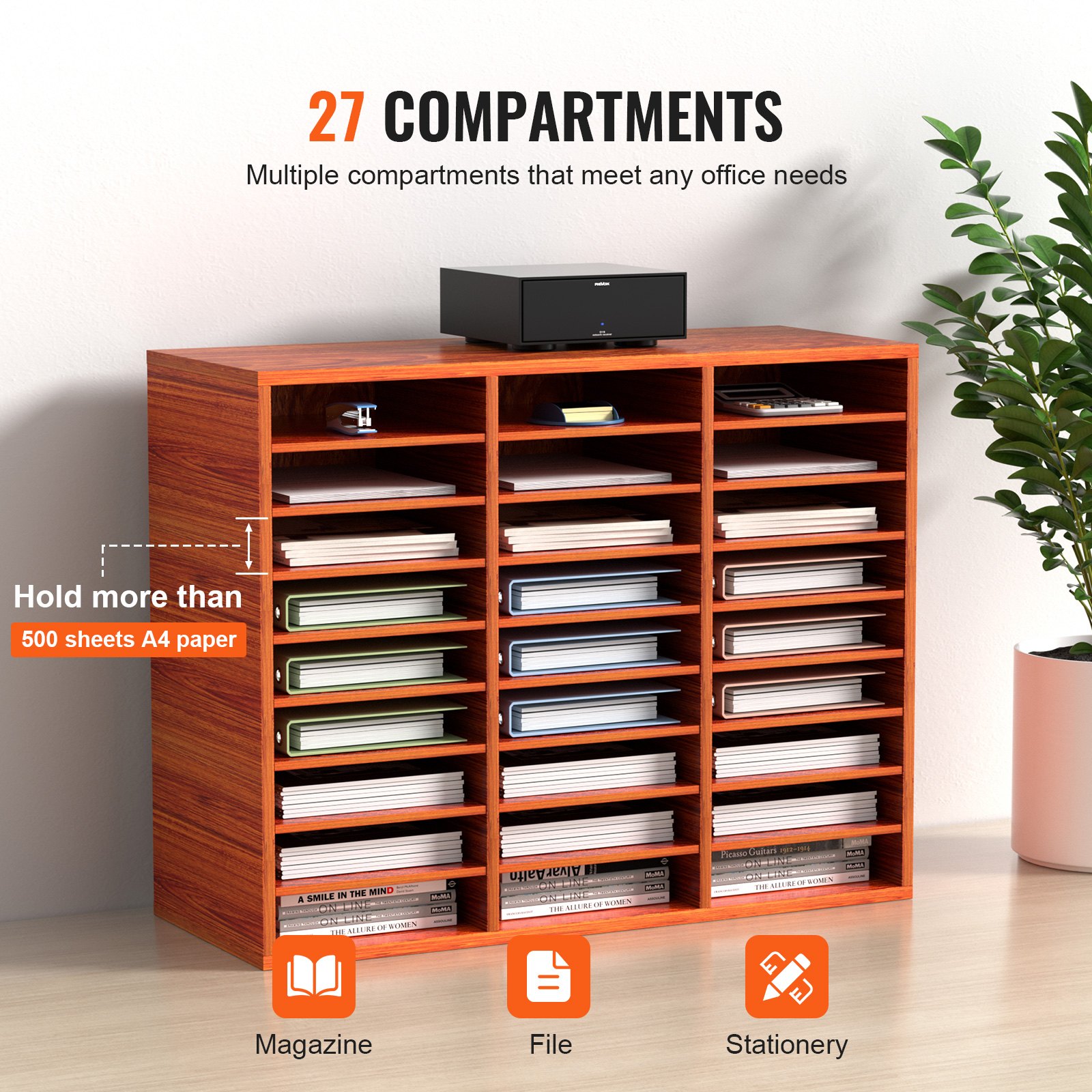 VEVOR Organizador de Literatura de Madera de 27 Ranuras de 800 x 305 x 630 mm, Estantes Ajustables de Tablero de Fibra de Densidad Media, Almacenamiento para Archivos, Documentos, Papeles, Marrón